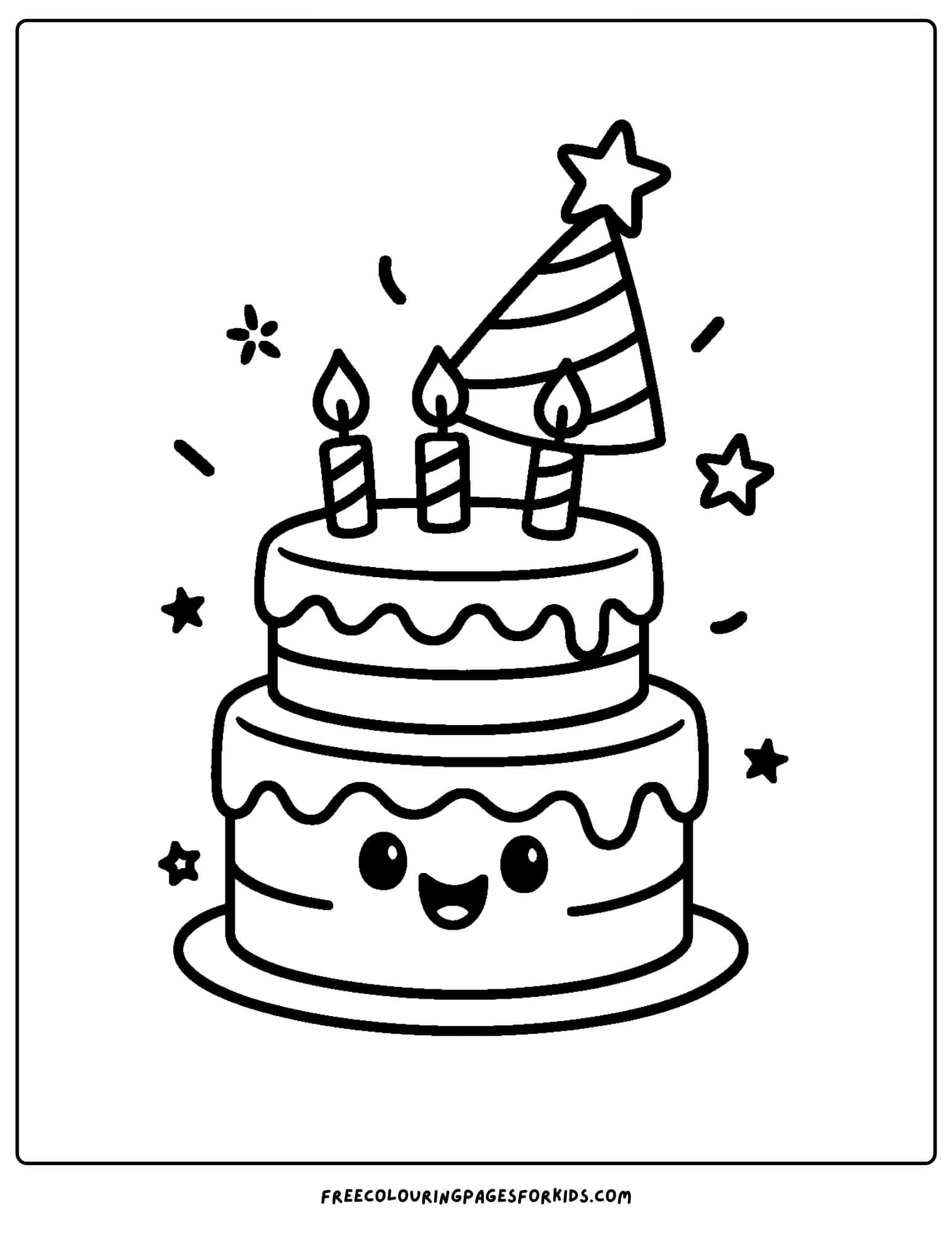 a cake coloring page of a birthday cake and a party hat