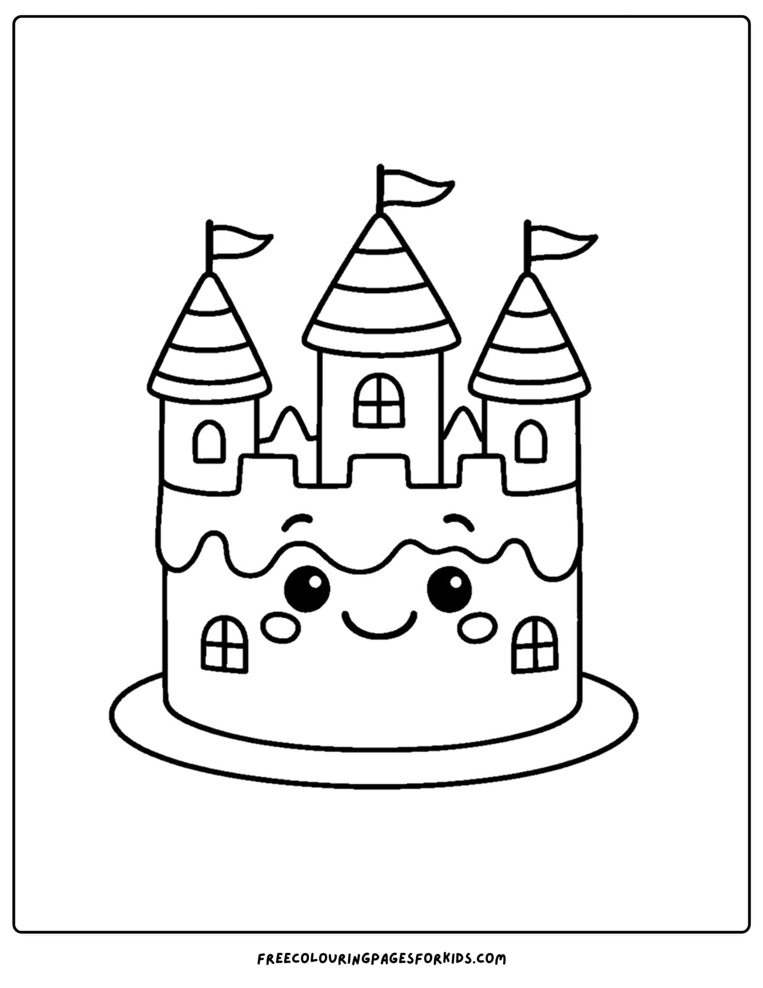 a cake coloring page of a cake shaped like a castle