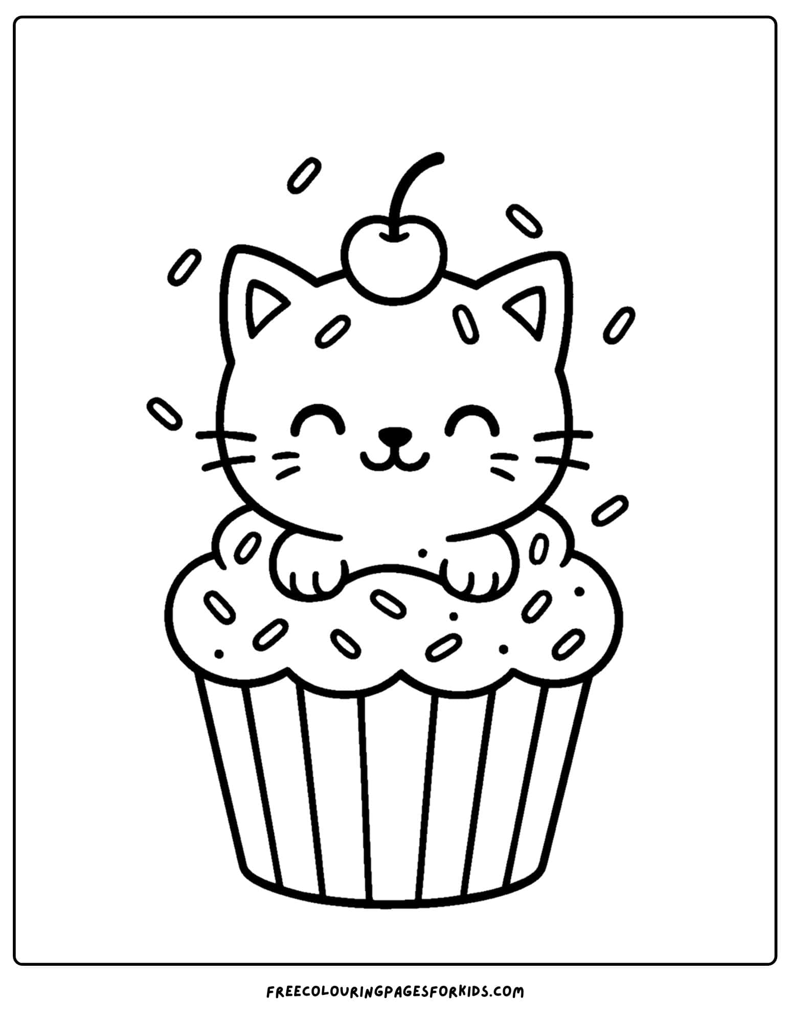 a cake coloring page of a cat popping out of a cupcake