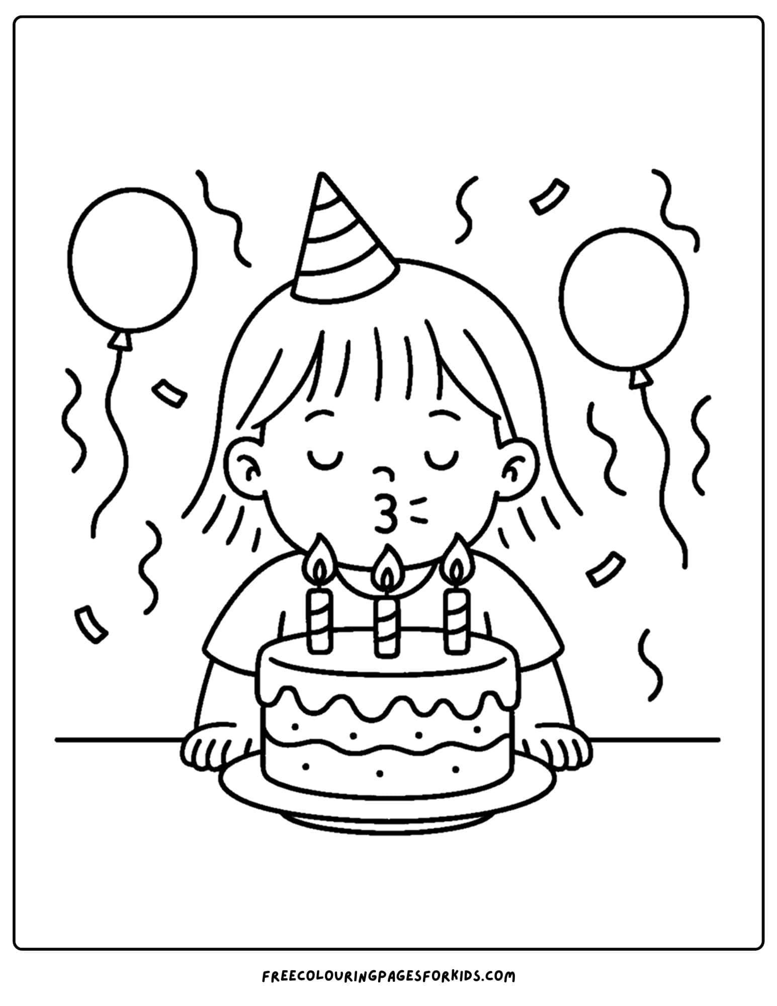 a cake coloring page of a child blowing out candles on a birthday cake