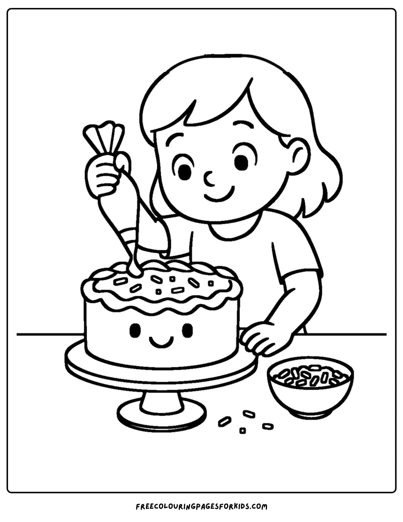 a cake coloring page of a child decorating a cake with sprinkles