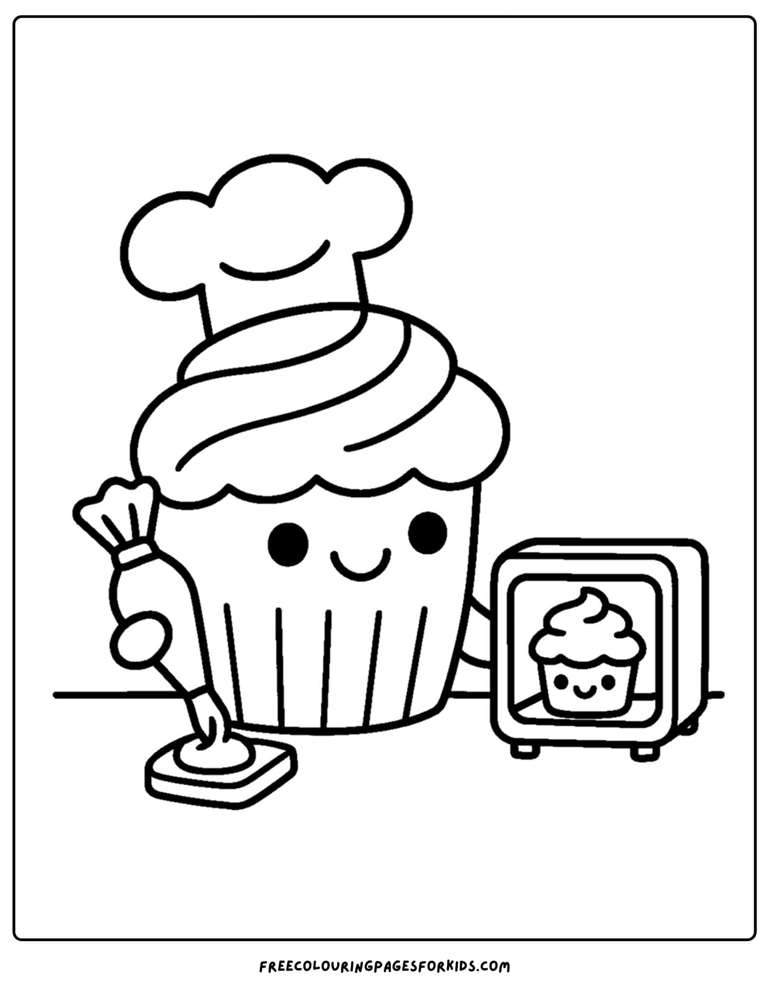a cake coloring page of a cupcake baking a cupcake