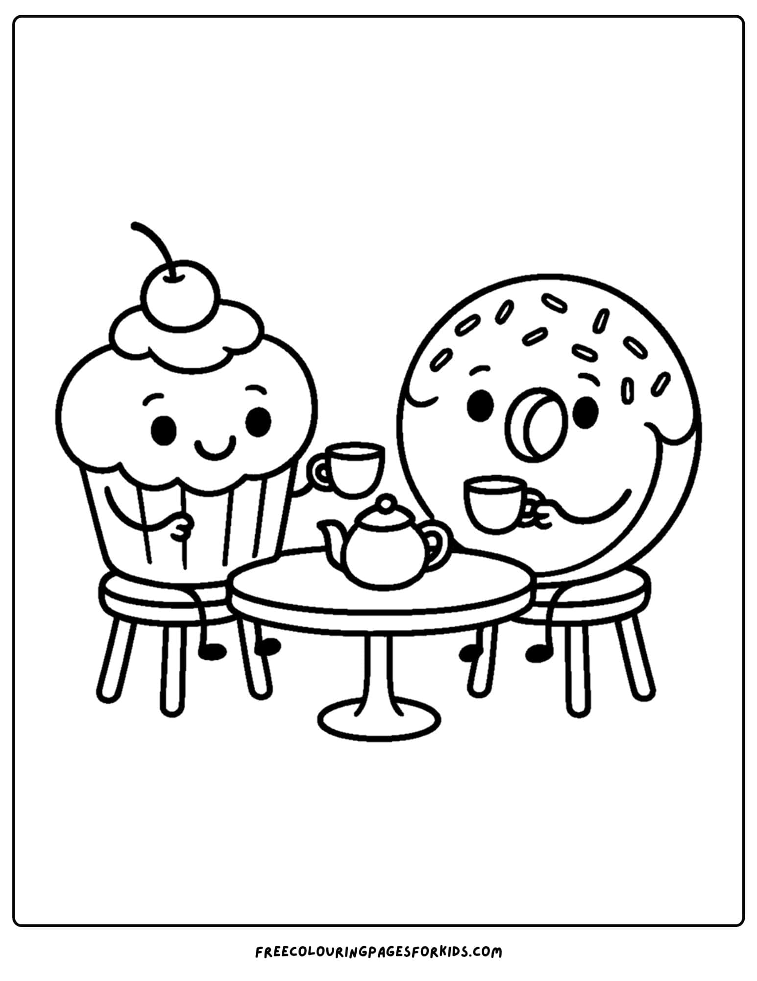 a cake coloring page of a cupcake and donut having a tea party