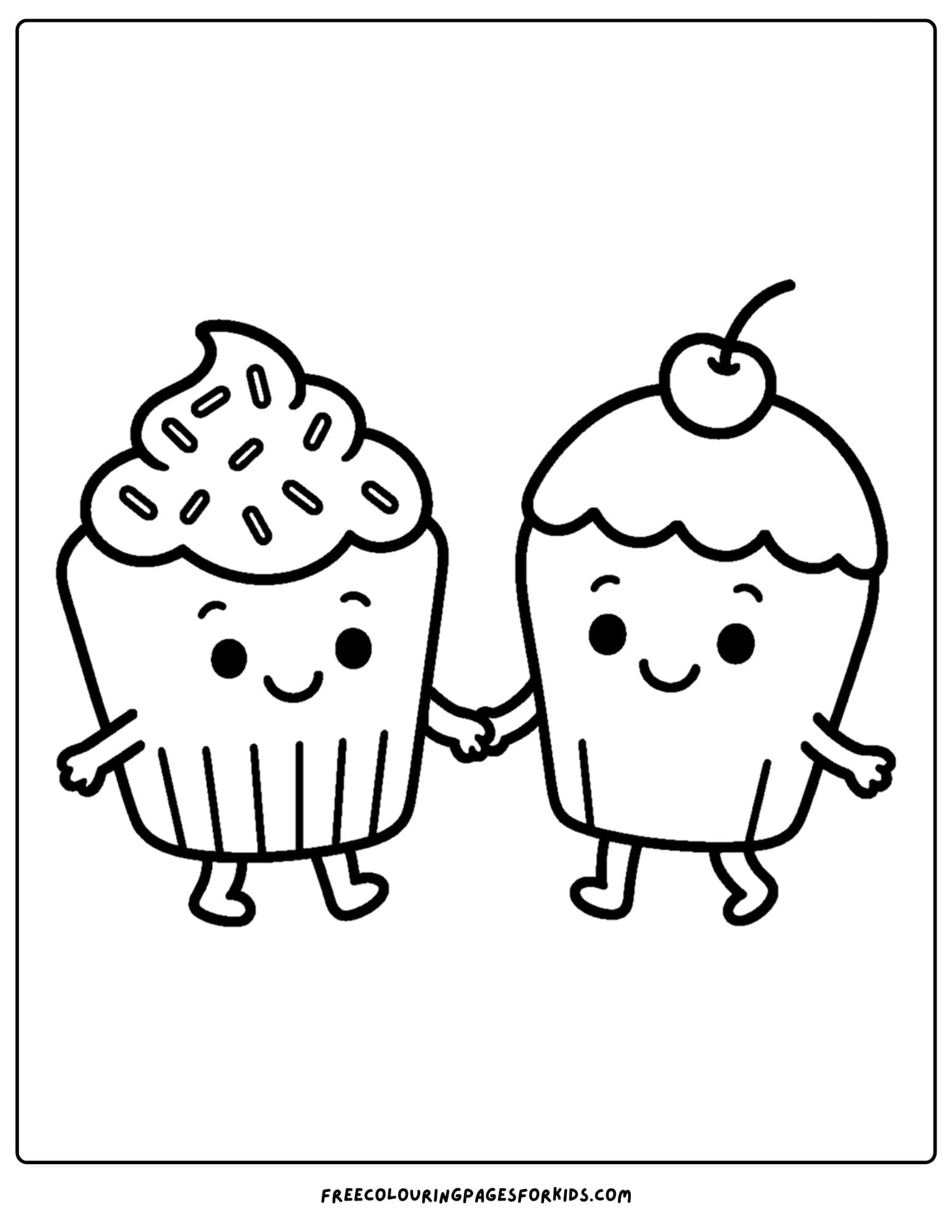 a cake coloring page of cupcakes friends holding hands