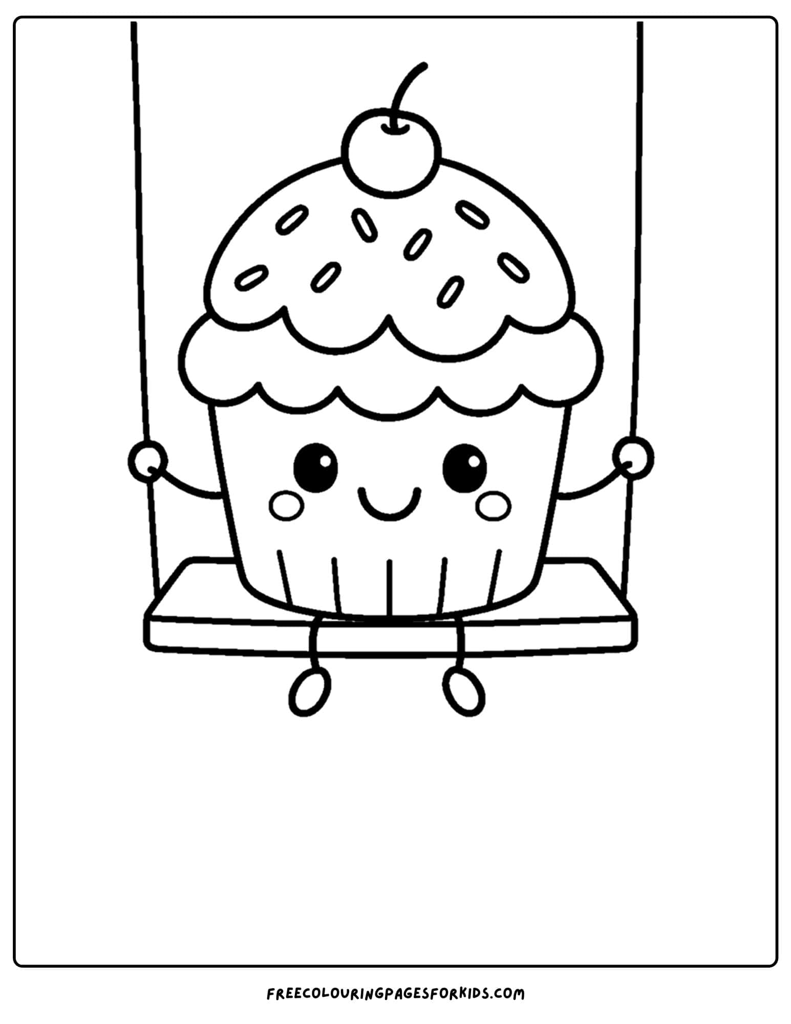 a cake coloring page of a cupcake on a swing