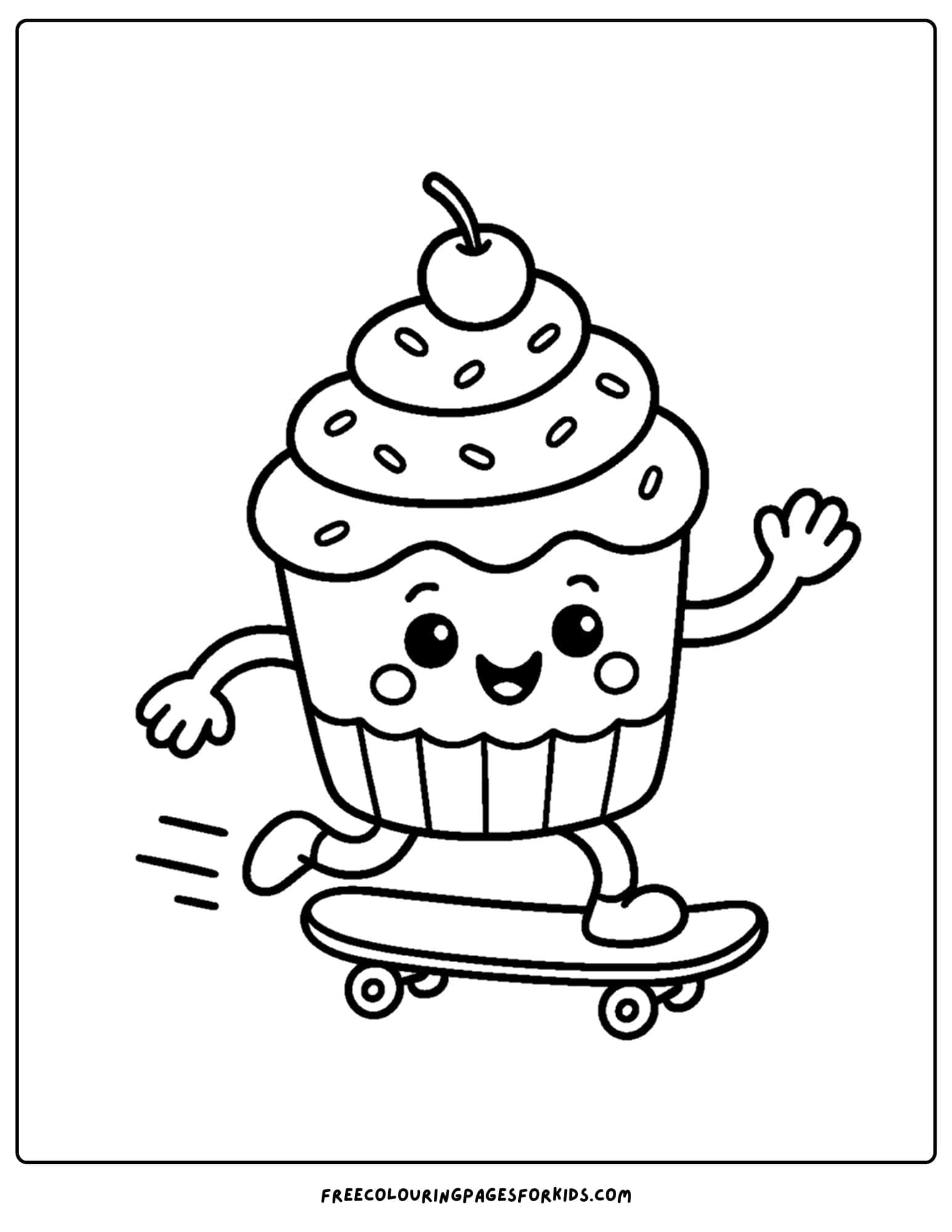 a cake coloring page of a cupcake on a skateboard