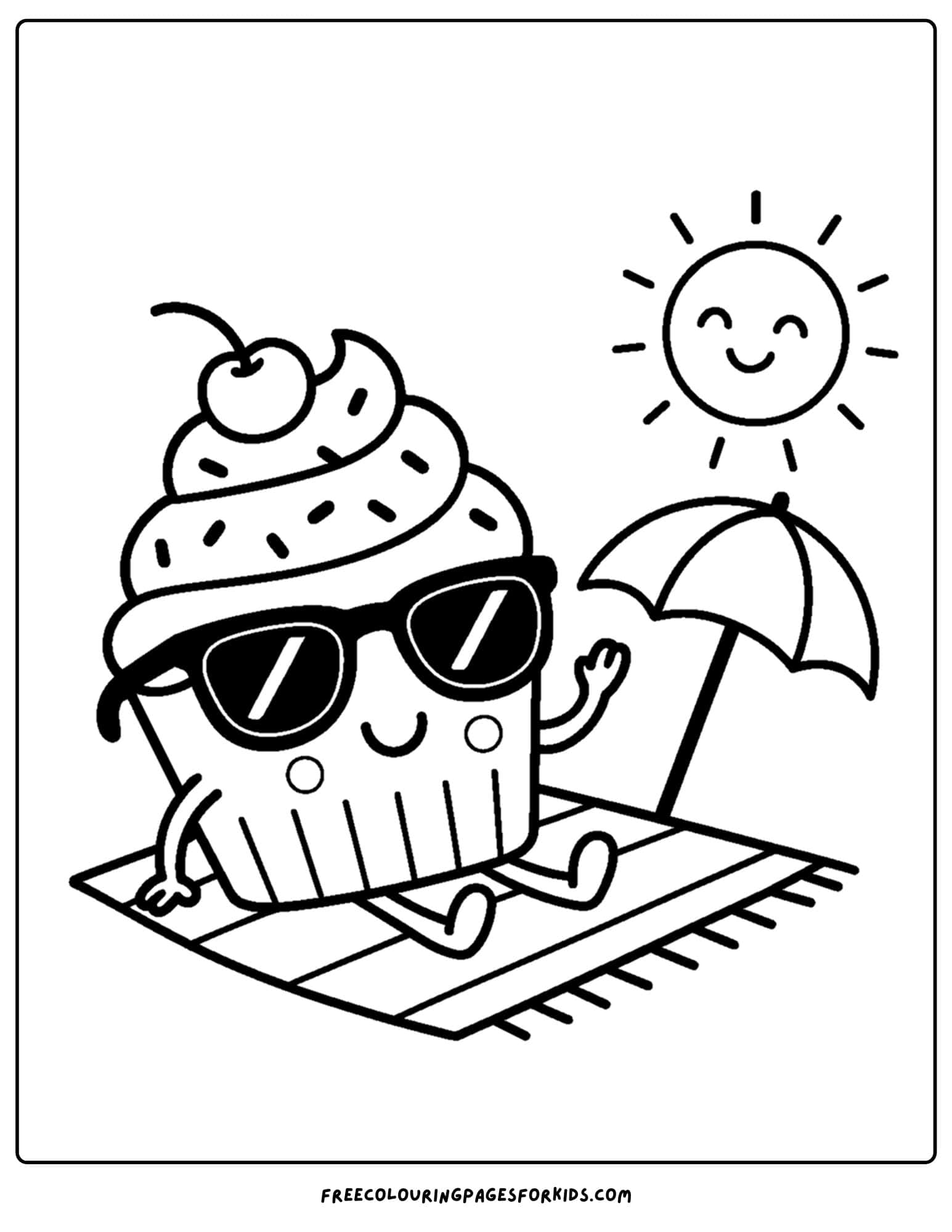 a cake coloring page of a cupcake wearing sunglasses on the beach