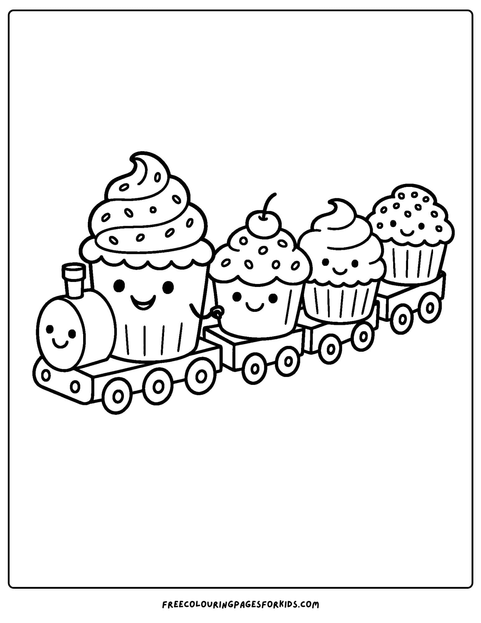 a cake coloring page of cupcakes ona train line