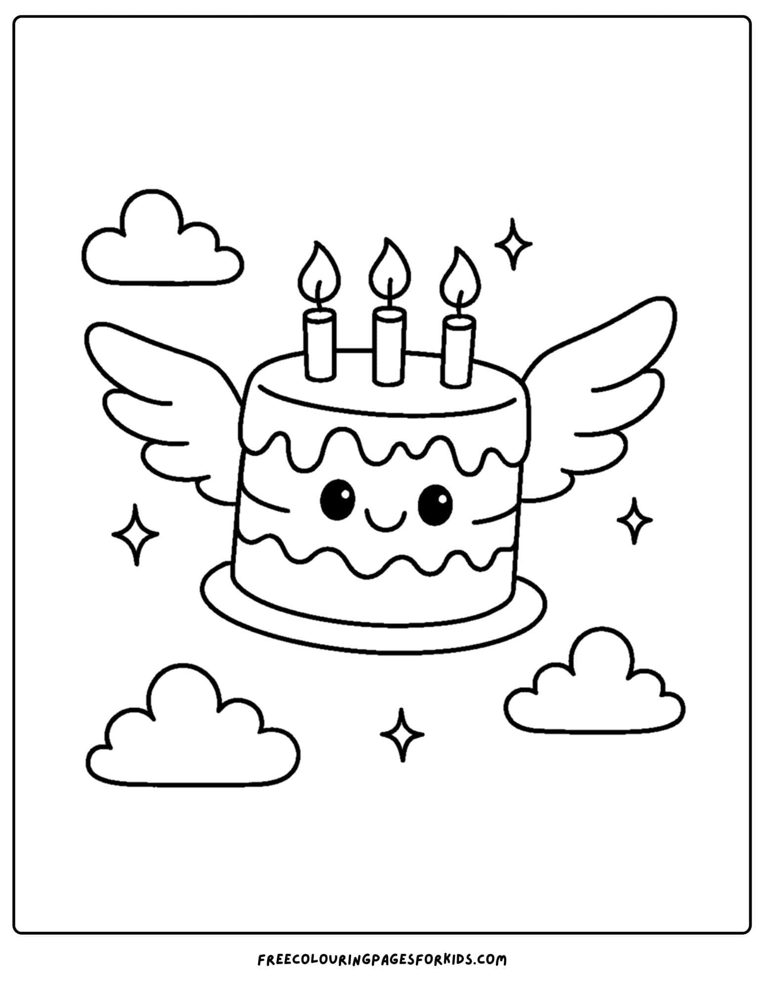 a cake coloring page of a cake with wings flying in the clouds