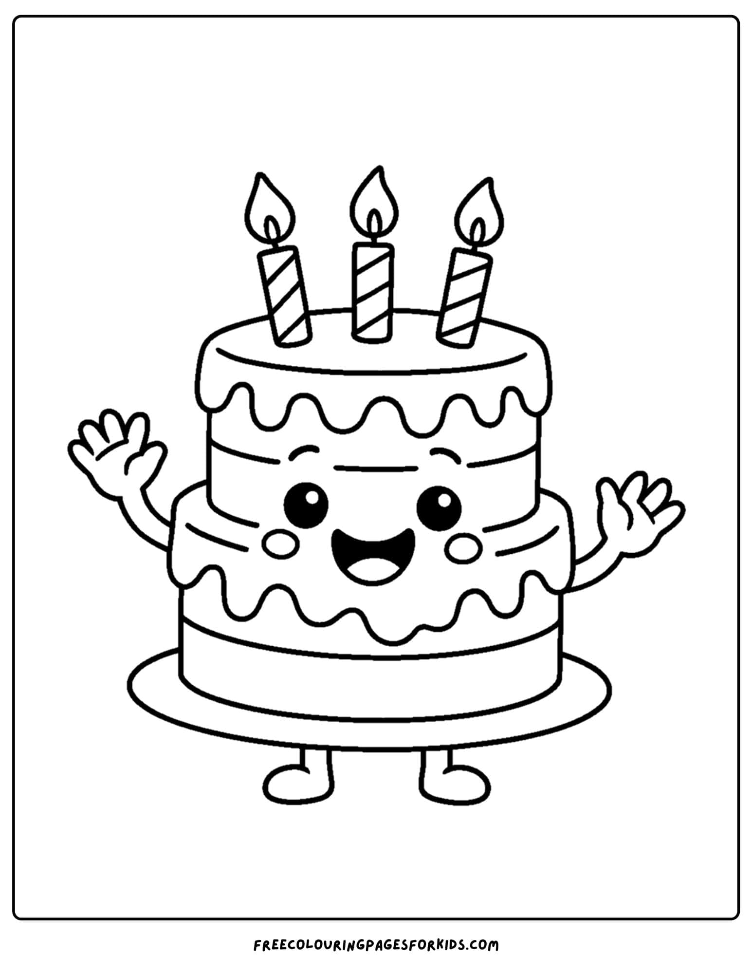 a cake coloring page of a cake with a face waving