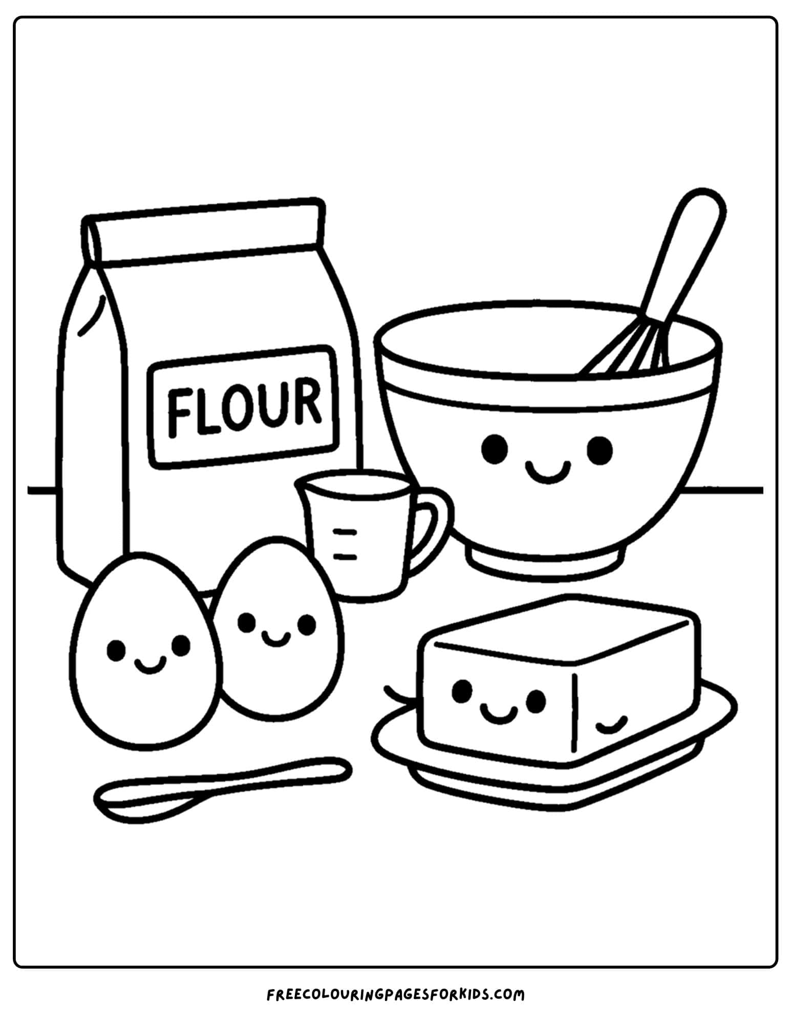 a cake coloring page of cake ingredients on a table