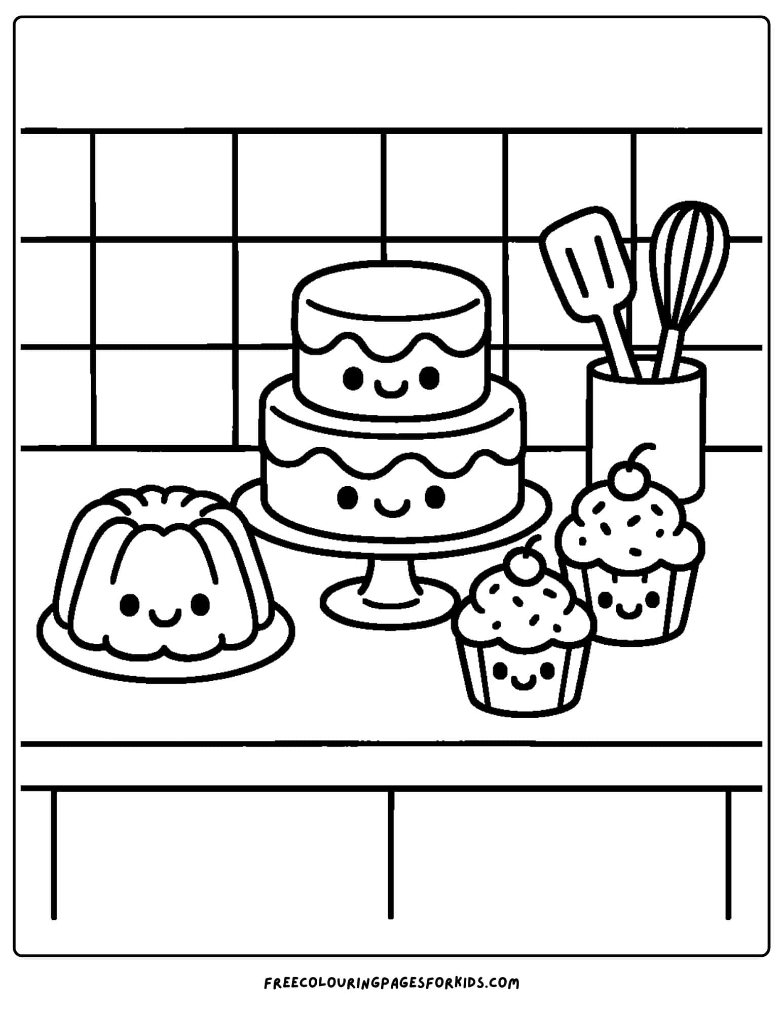 a cake coloring page of a kitchen counter with cakes on it