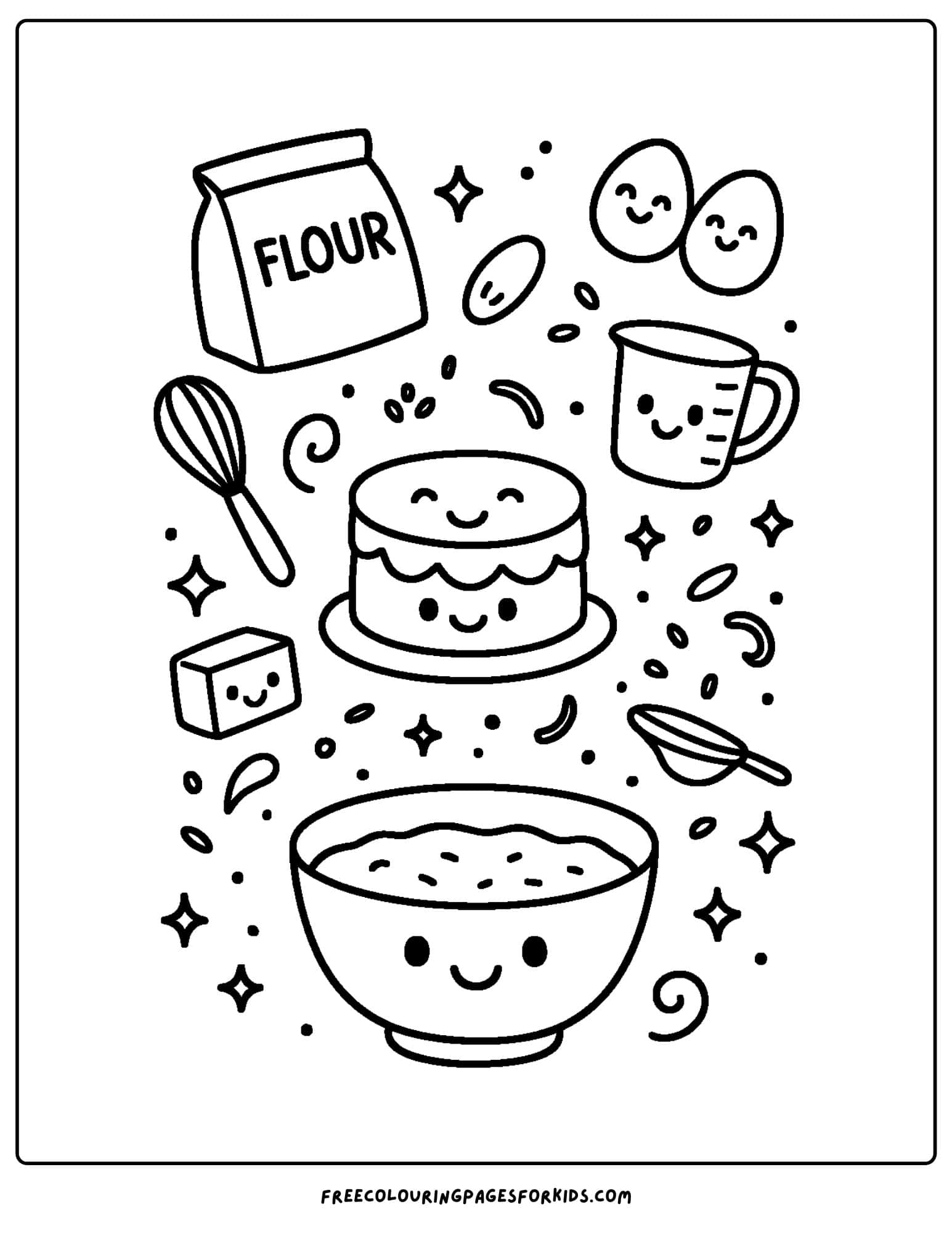a cake coloring page of a collection of cake baking ingredients