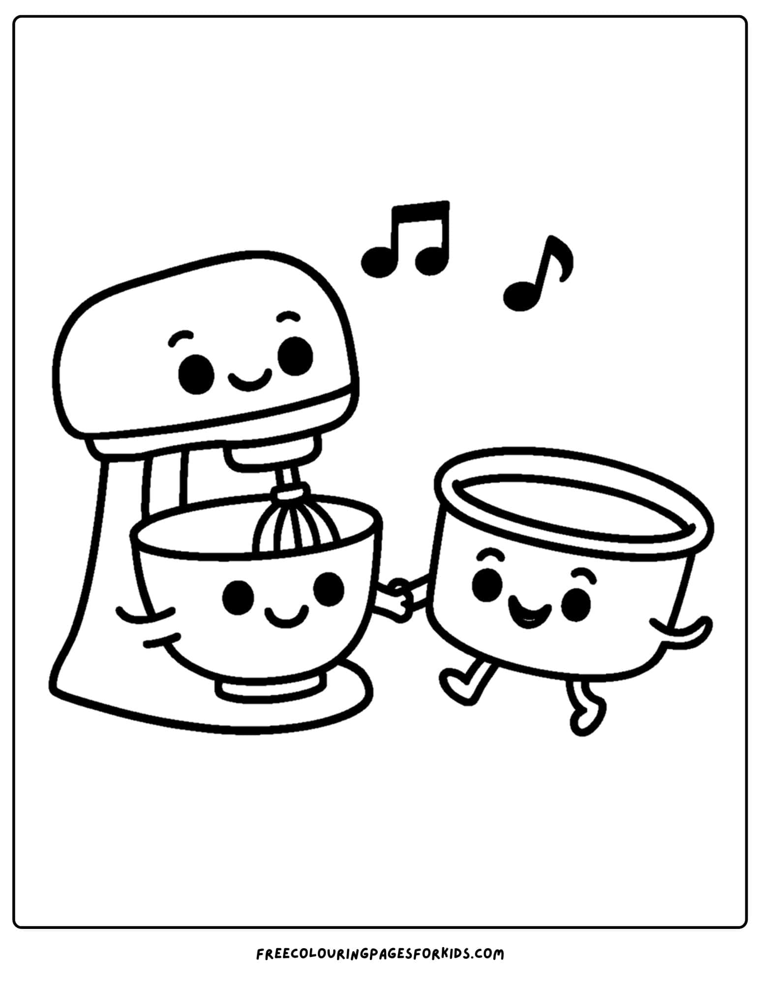 a cake coloring page of a mixer and bowls