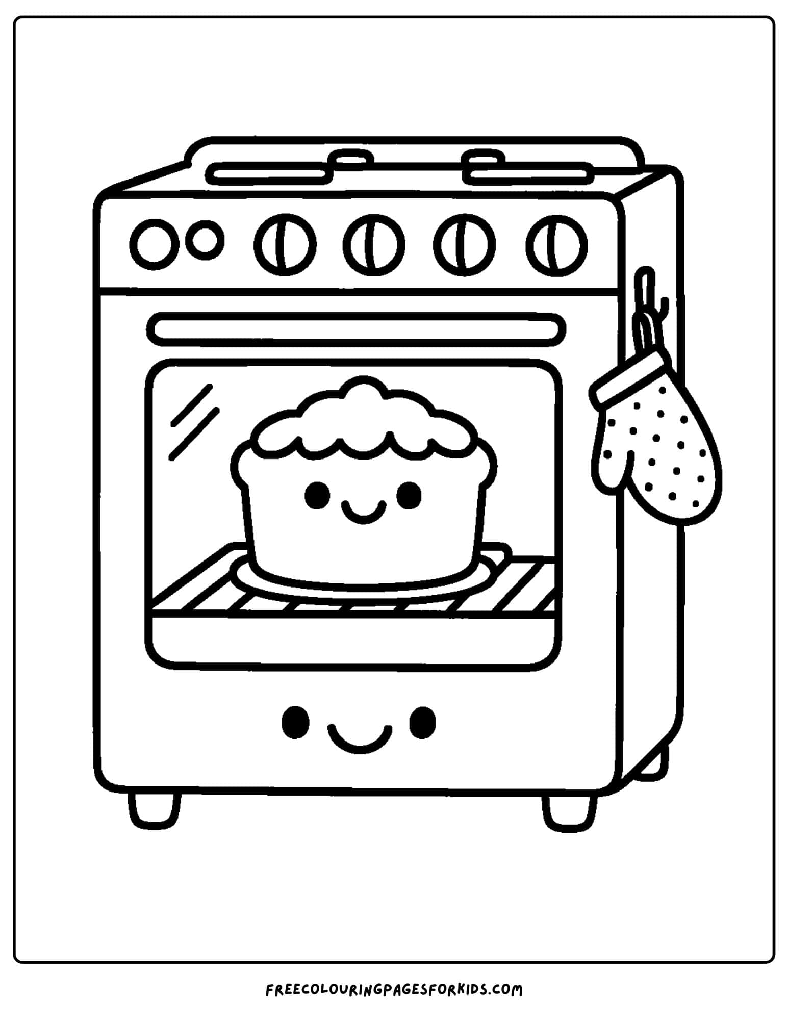 a cake coloring page of an oven with a cake in it