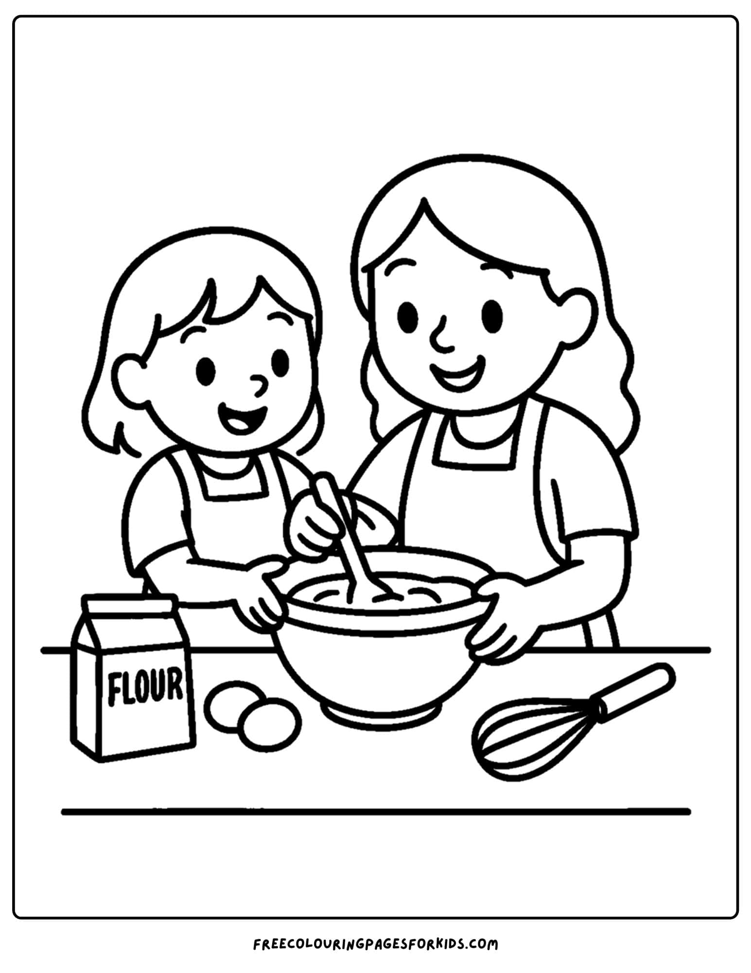 a cake coloring page of a a parent and child making a cake