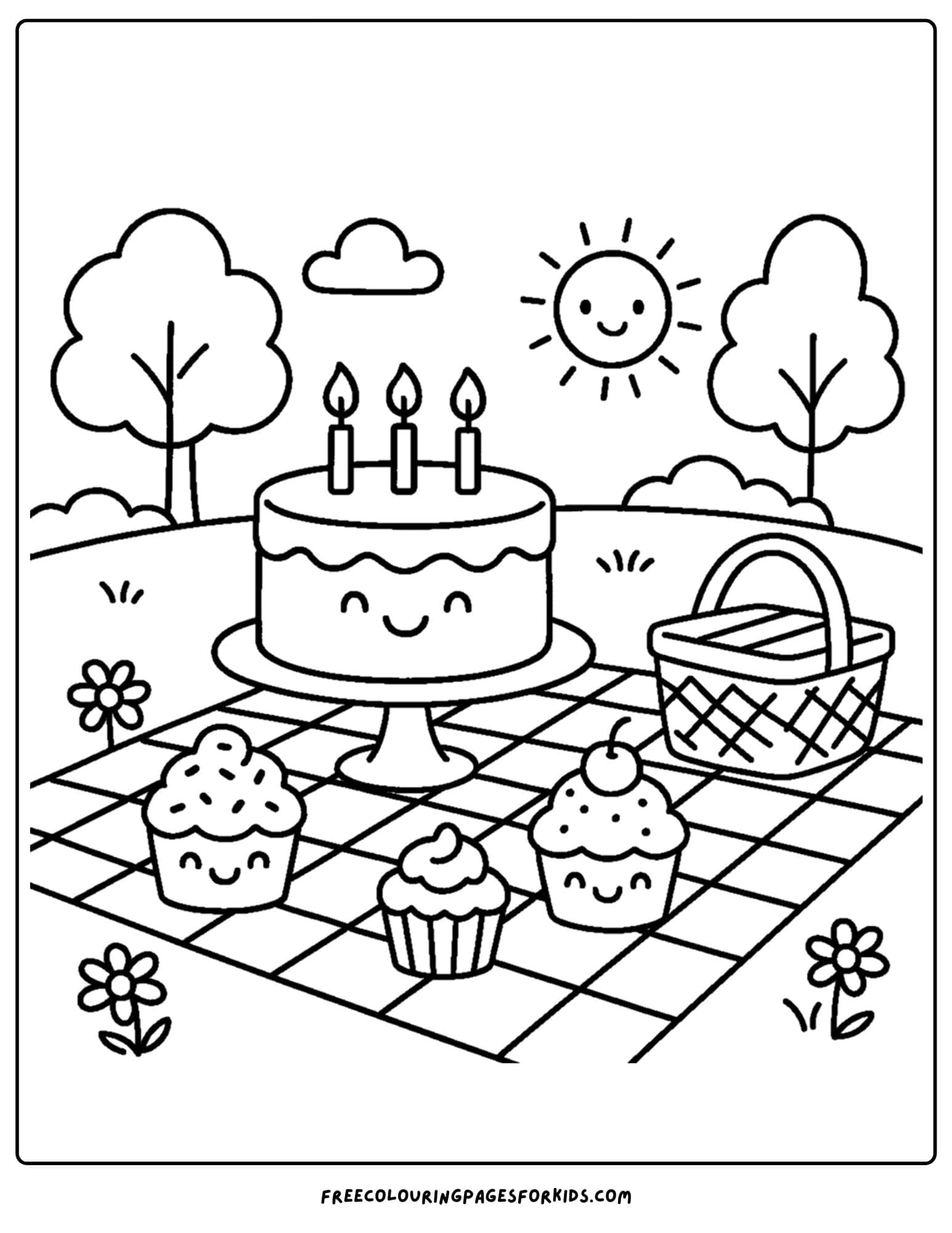 a cake coloring page of a picnic in the park having a cake