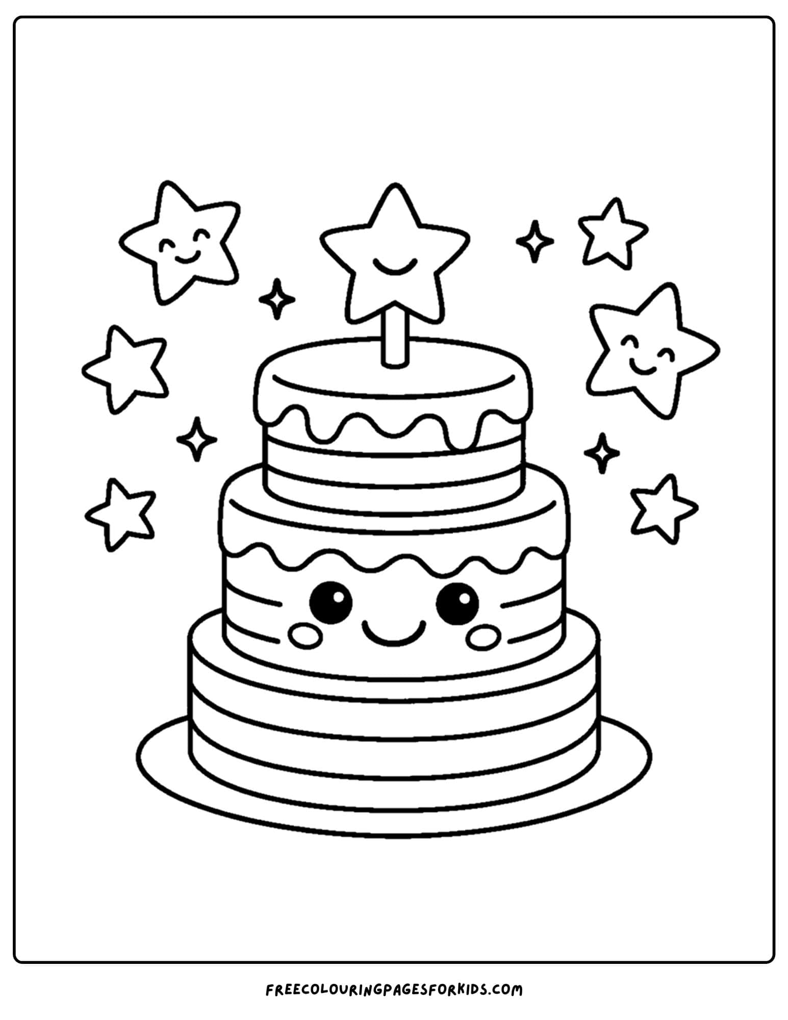 a cake coloring page of a rainbow cake with stars around it