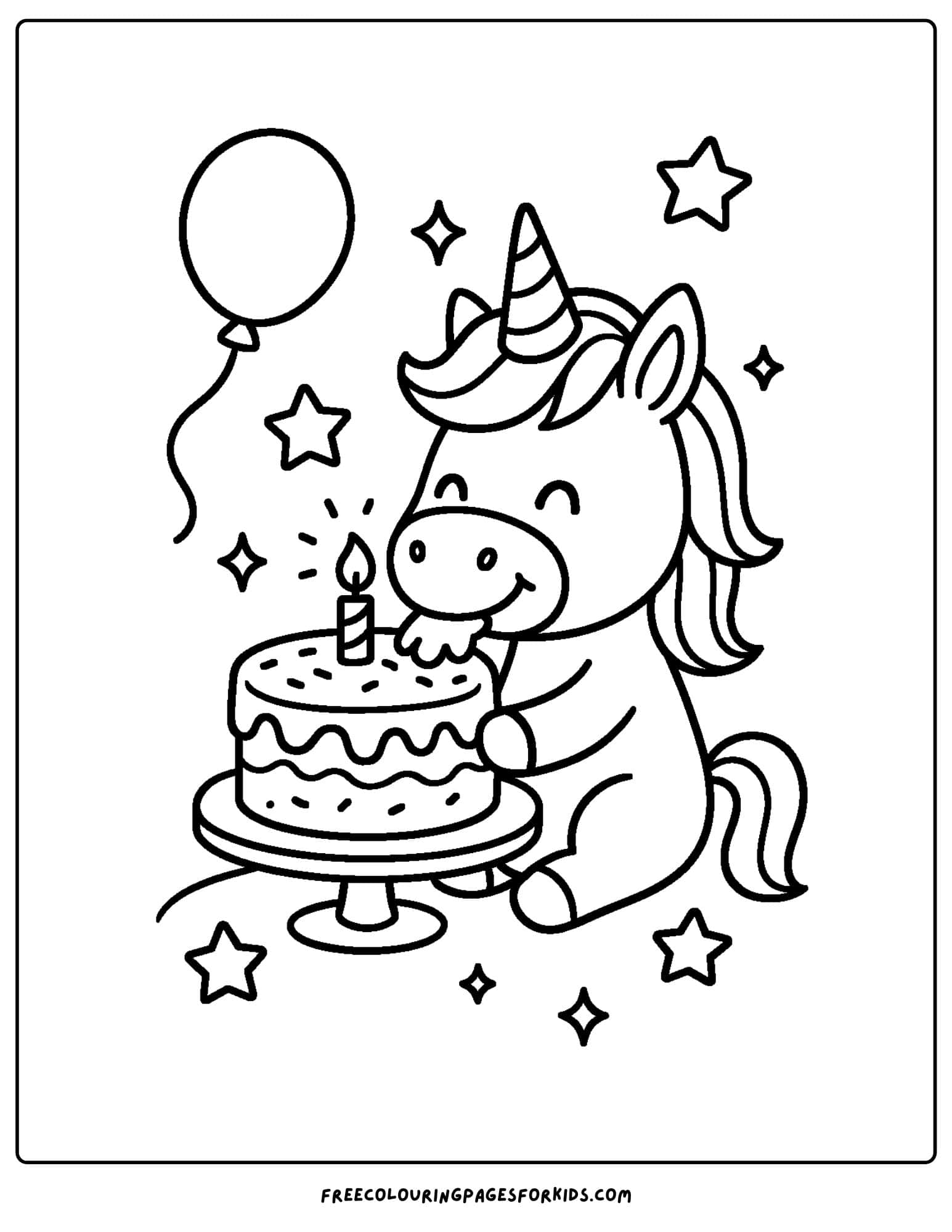 a cake coloring page of a unicorn eating a birthday cake