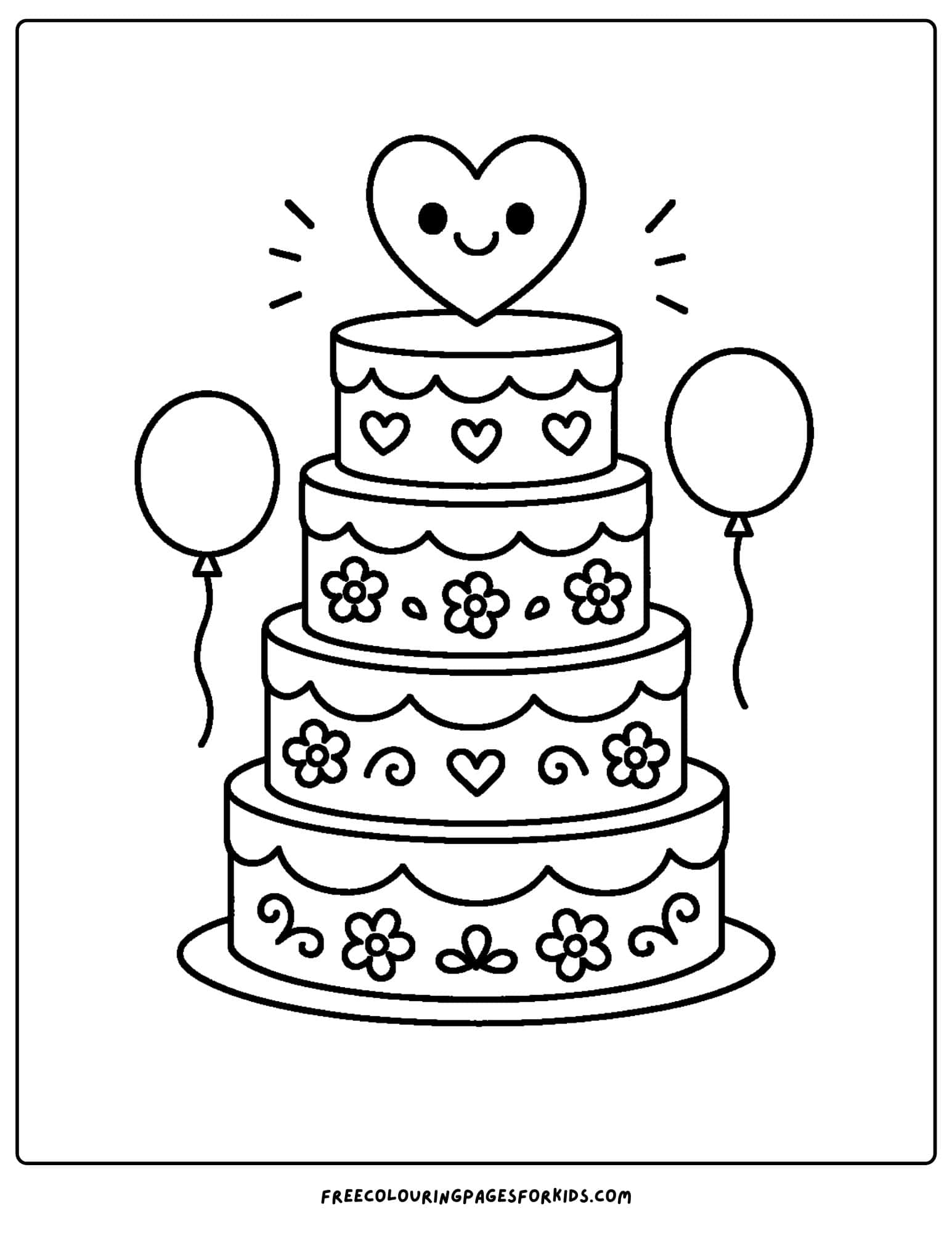 a cake coloring page of a wedding cake with hearts and flowers on it