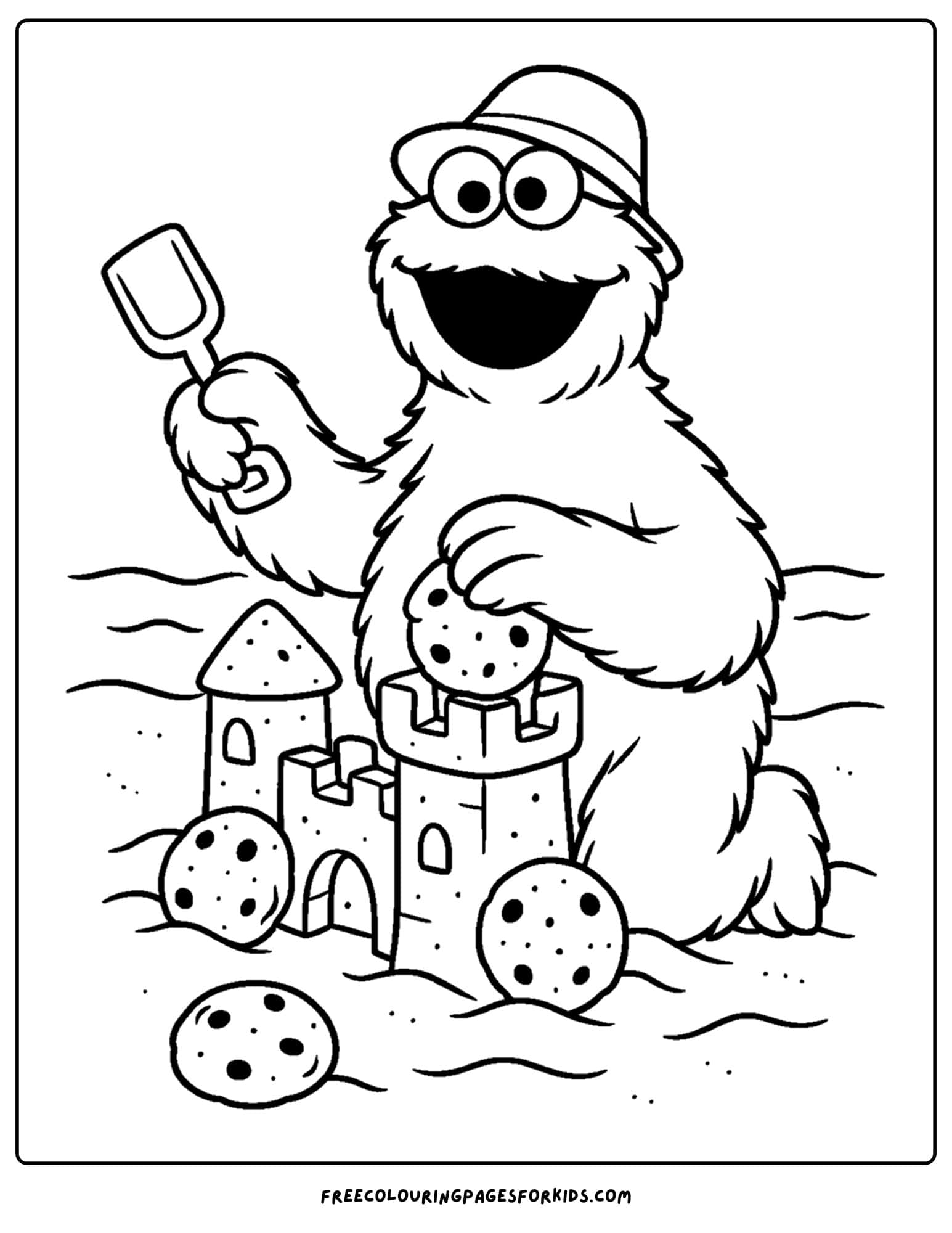 a cookie monster coloring page of cookie monster making a sandcastle
