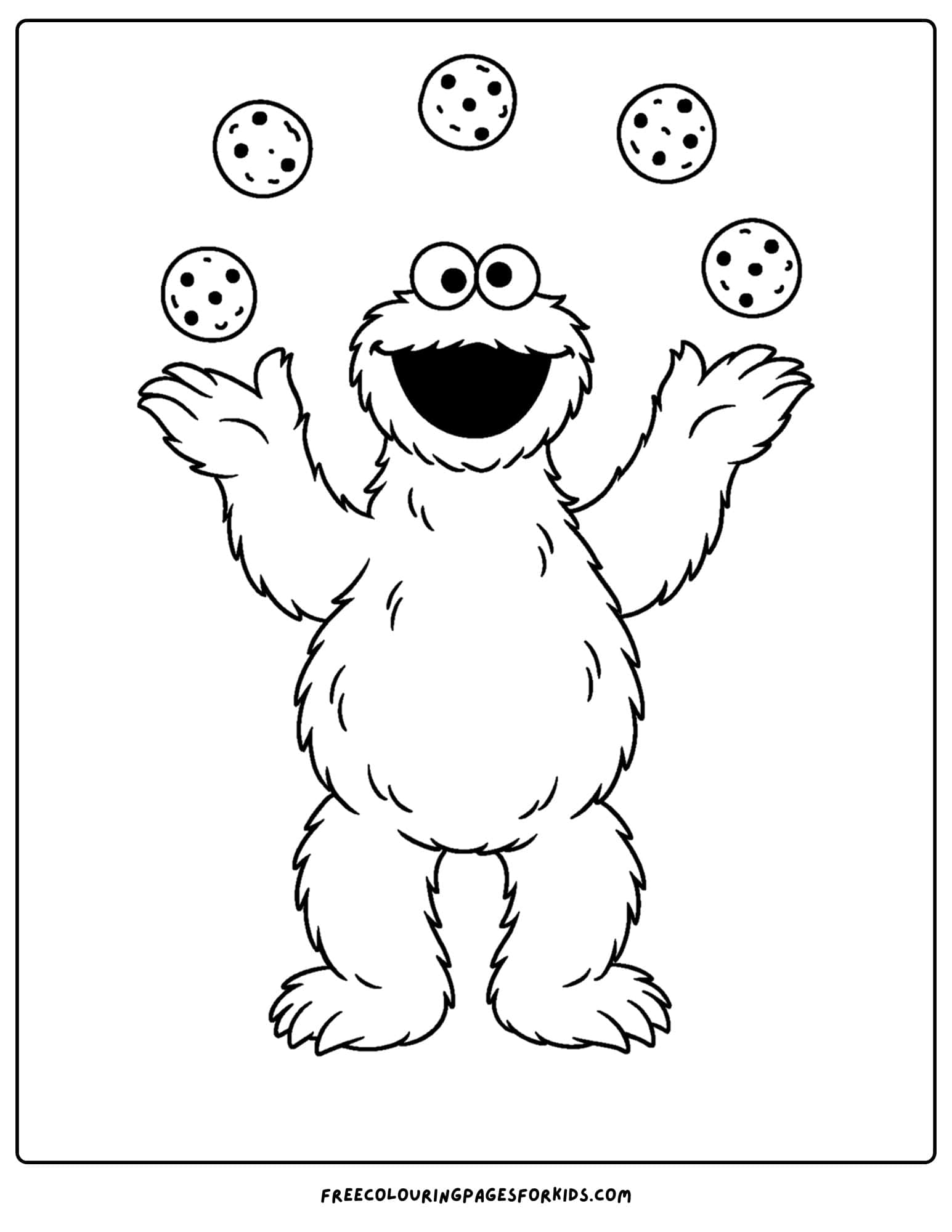 a cookie monster coloring page of cookie monster catching cookies falling from the sky
