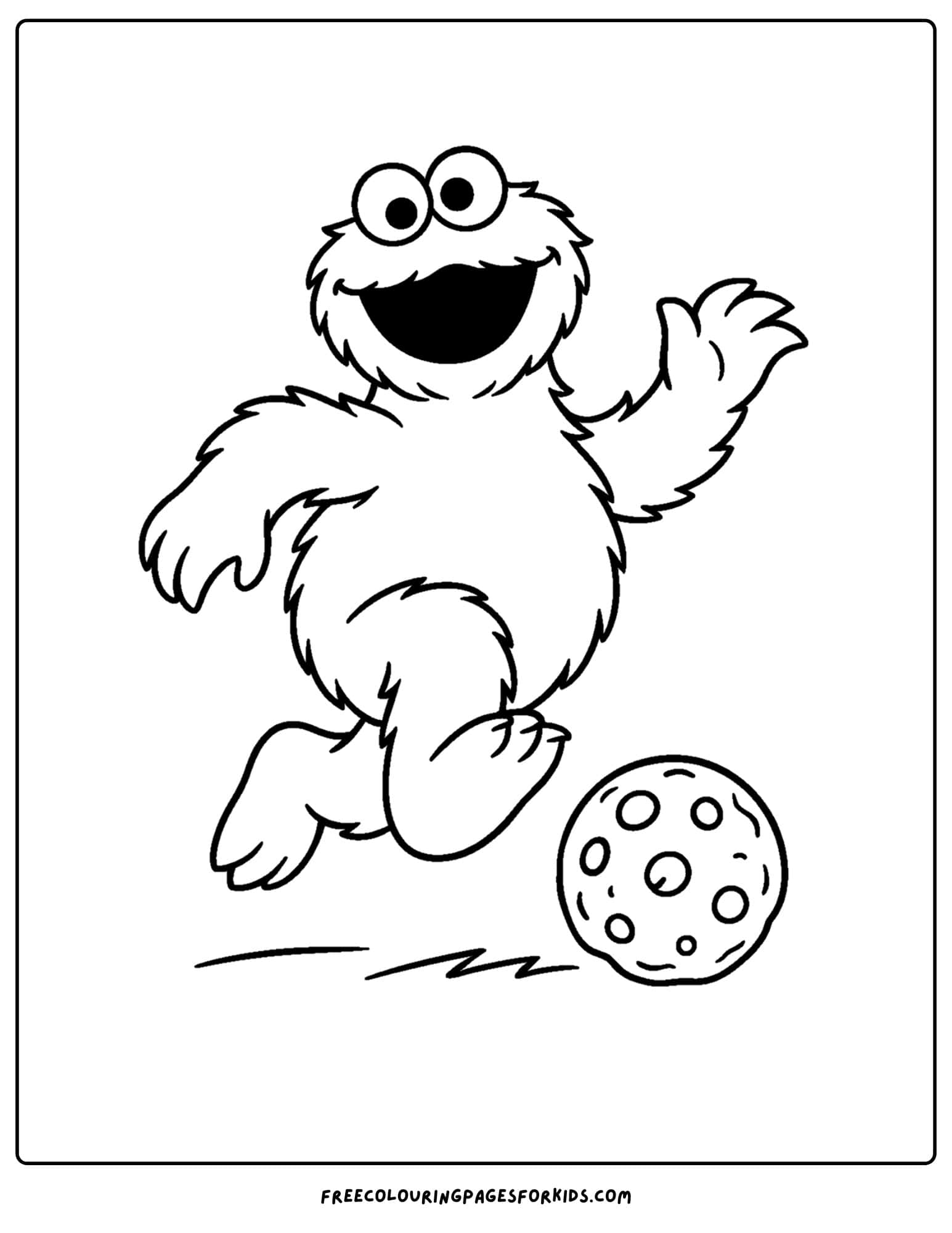 a cookie monster coloring page of cookie monster chasing a cookie rolling away