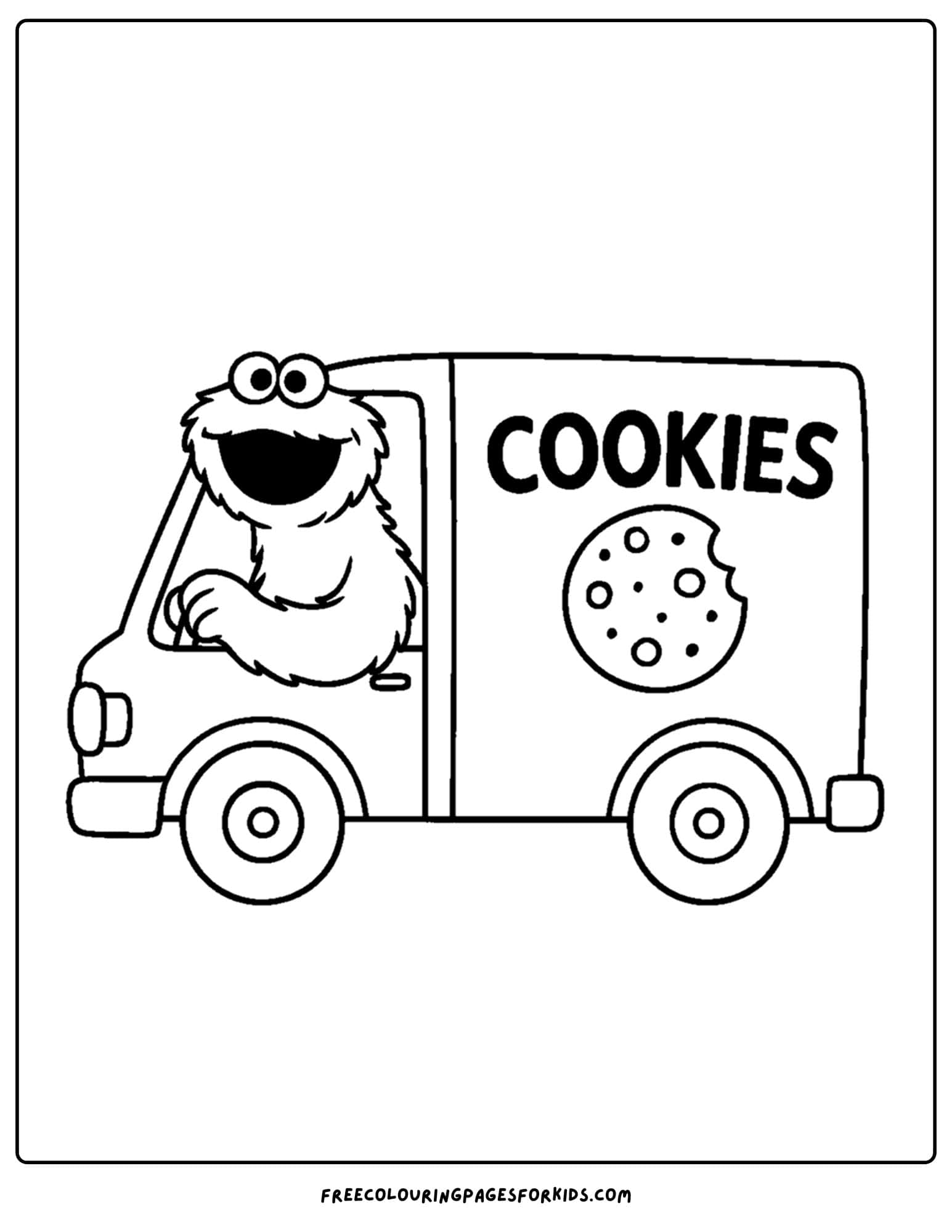 a cookie monster coloring page of cookie monster driving a cookie van