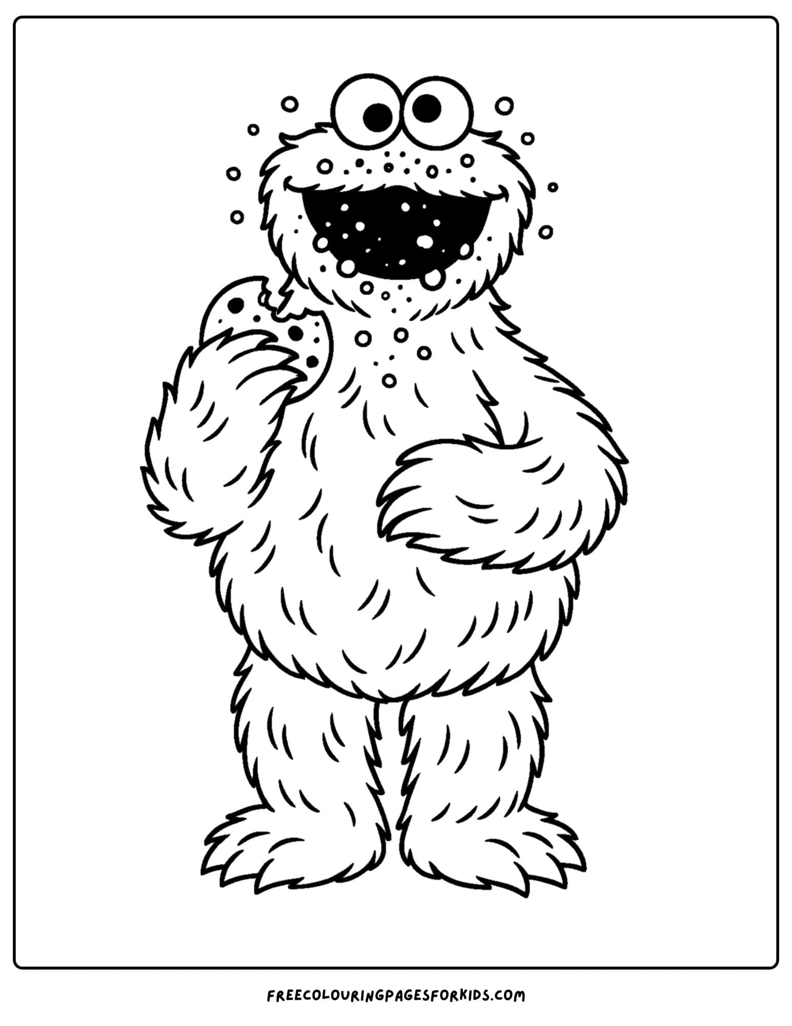 a cookie monster coloring page of cookie monster eating a cookie with crumbs everywhere