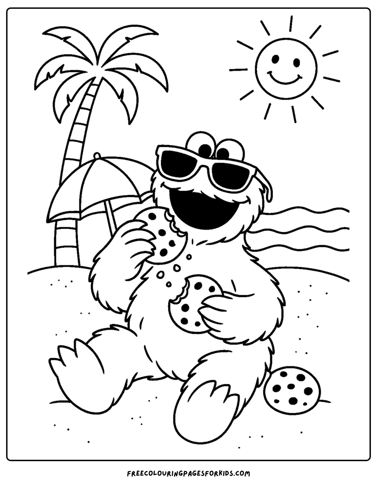 a cookie monster coloring page of cookie monster eating cookies on the beach