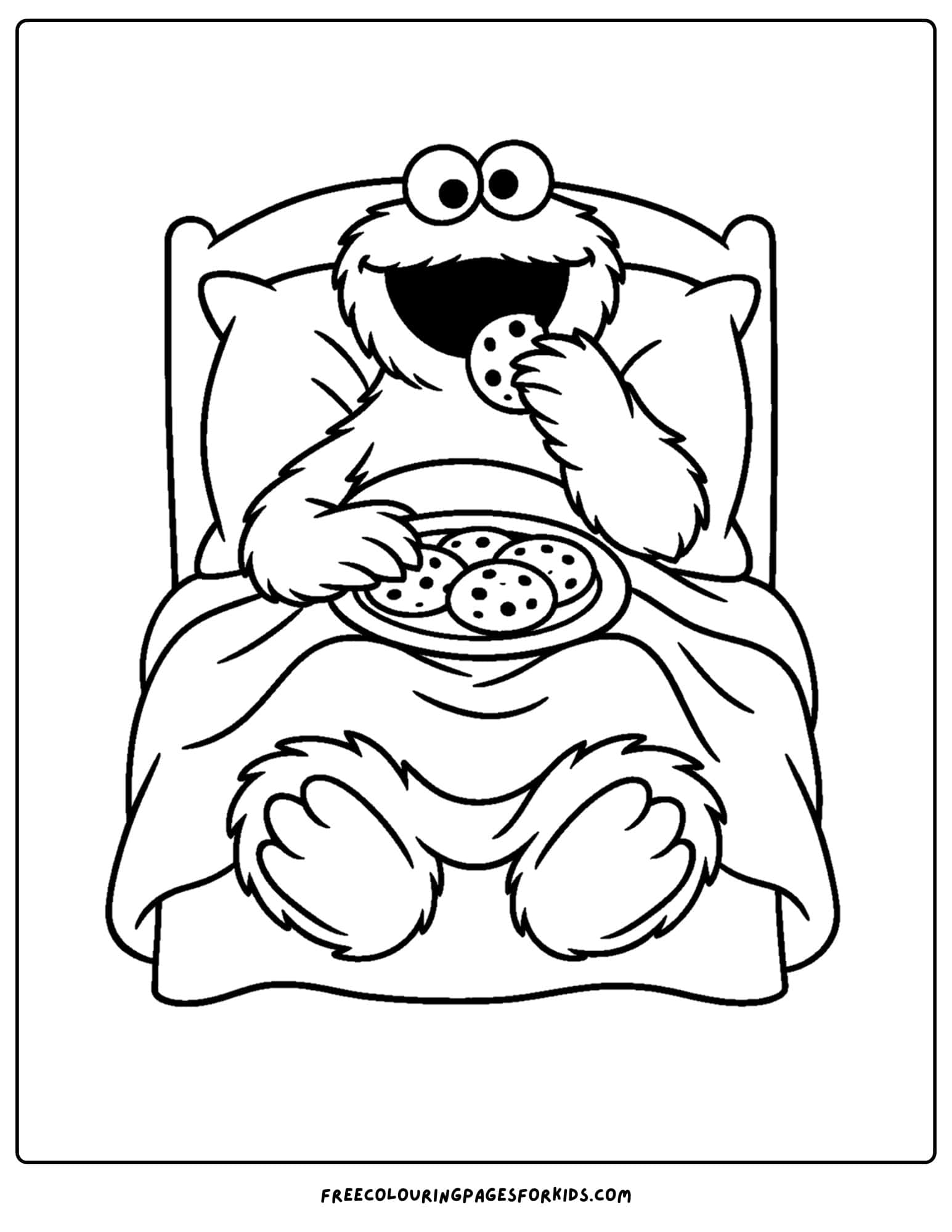 a cookie monster coloring page of cookie monster eating cookies in bed