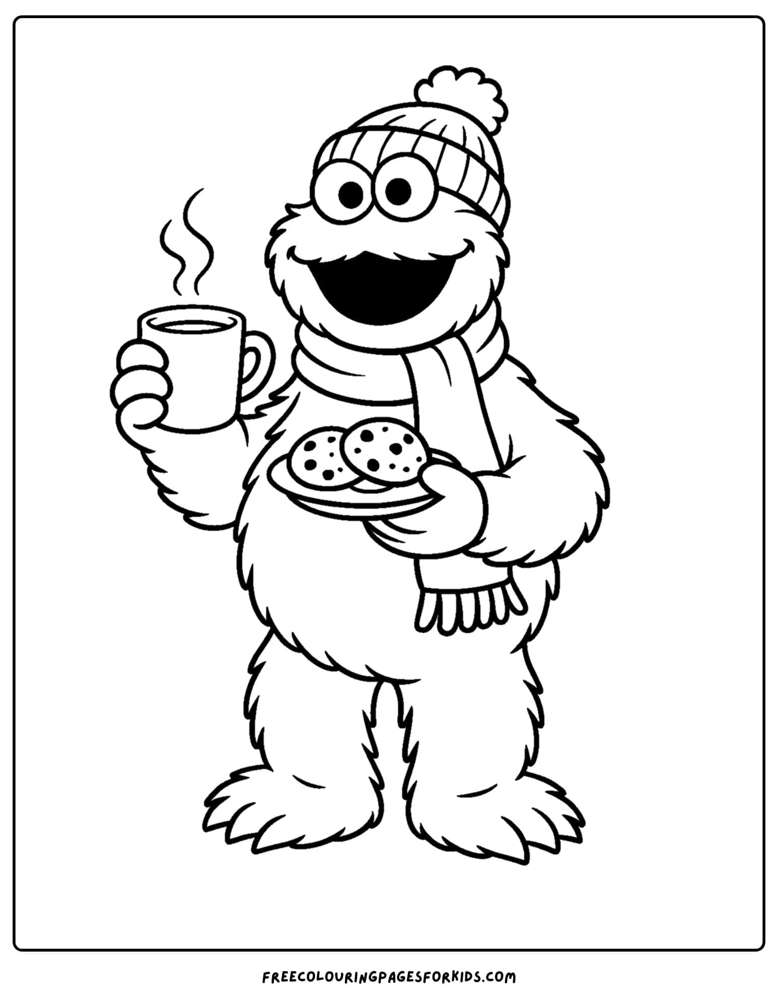 a cookie monster coloring page of cookie monster eating cookies while keeping warm