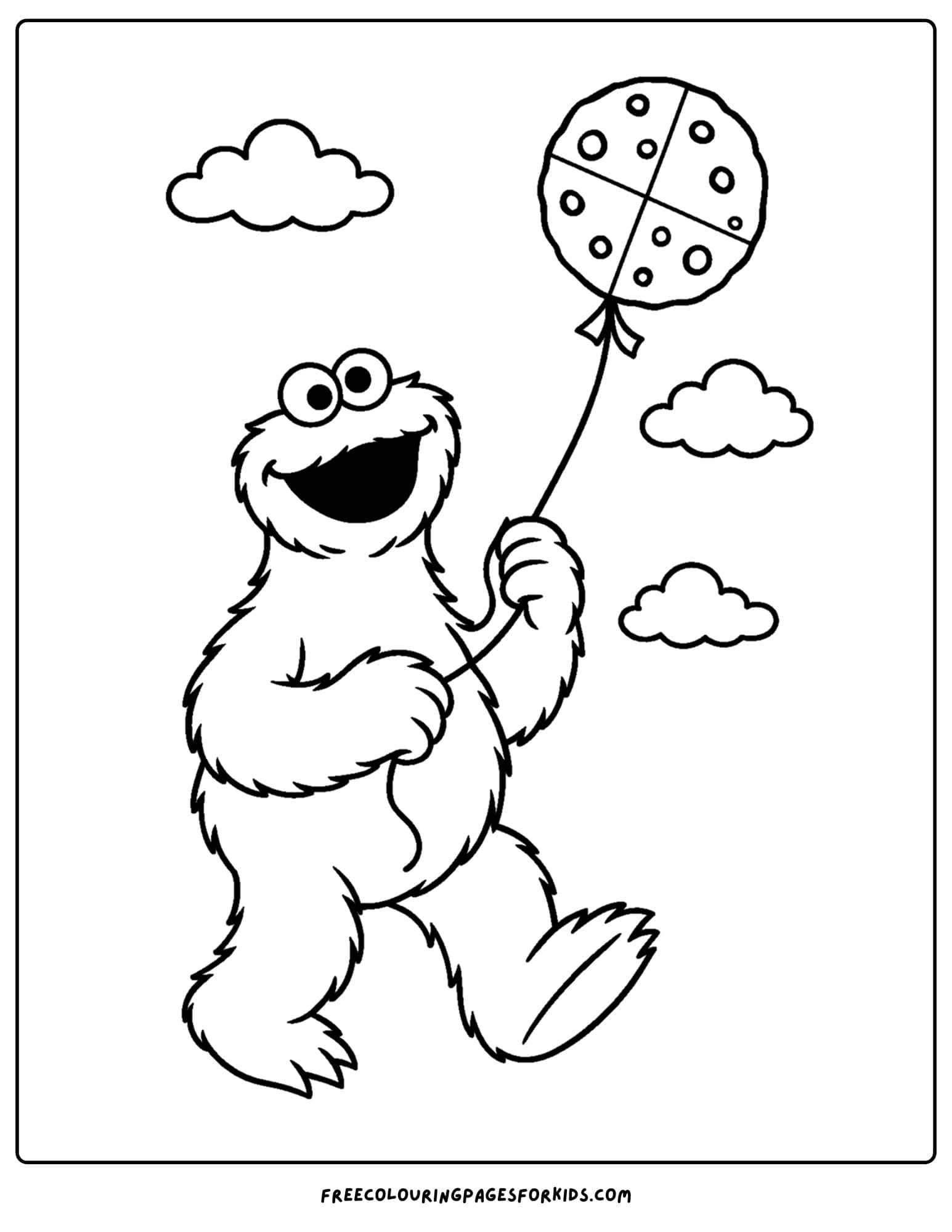 a cookie monster coloring page of cookie monster flying a cookie shaped kite