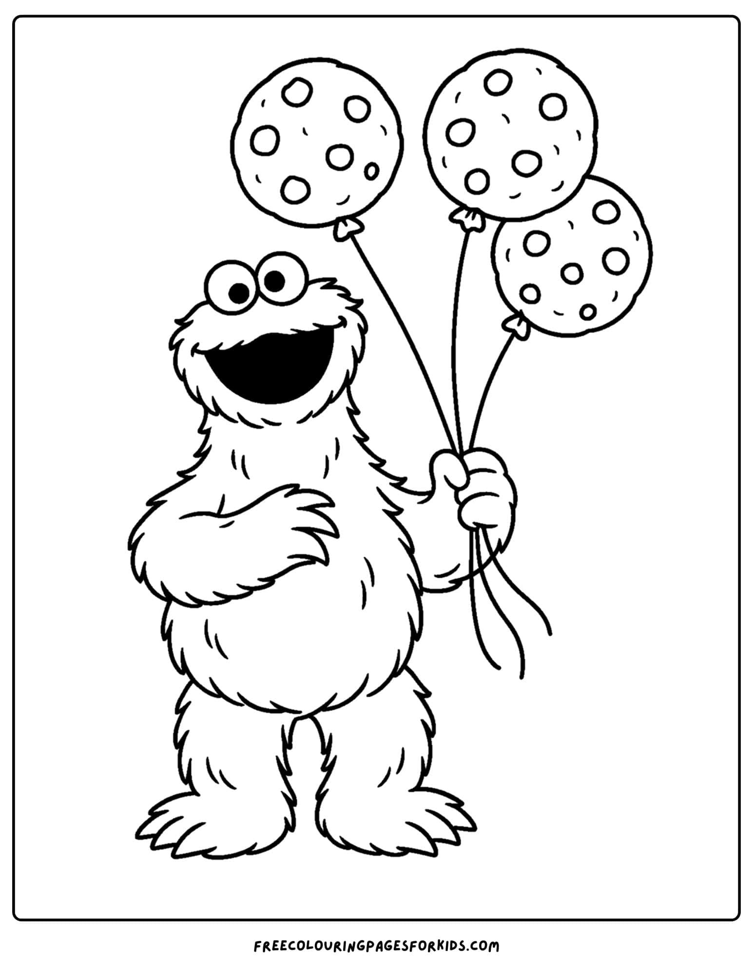 a cookie monster coloring page of cookie monster holding cookie shaped balloons