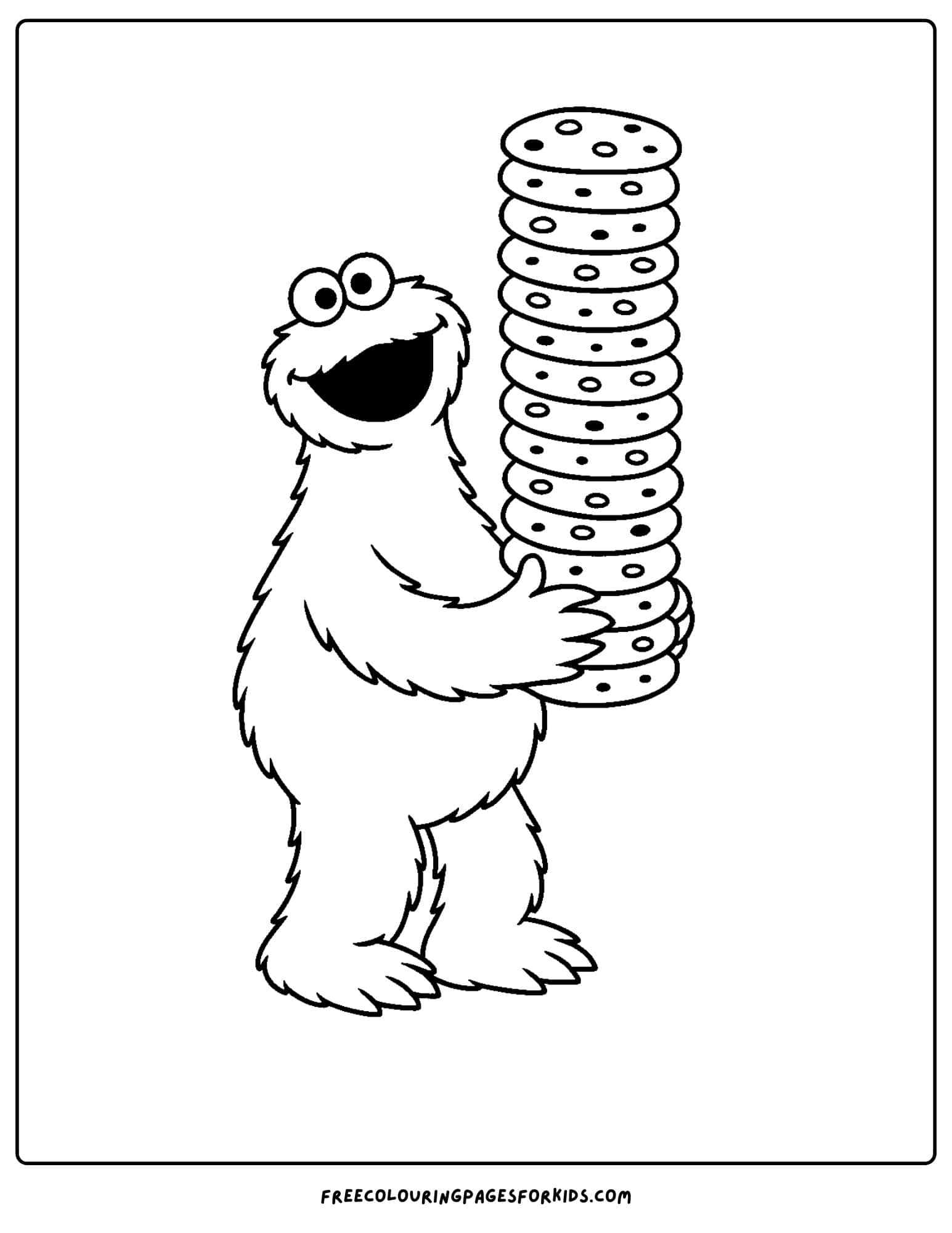 a cookie monster coloring page of cookie monster holding a stack of cookies