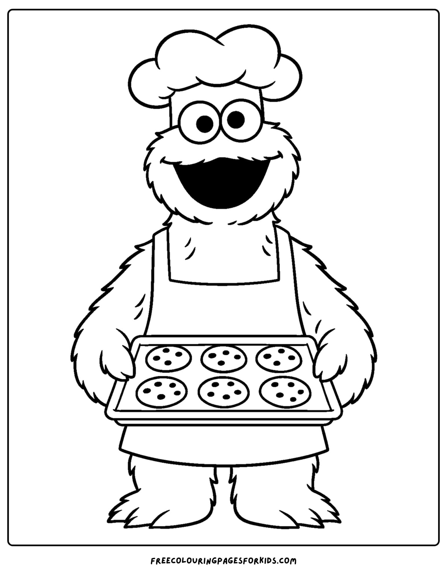 a cookie monster coloring page of cookie monster holding a tray of baked cookies