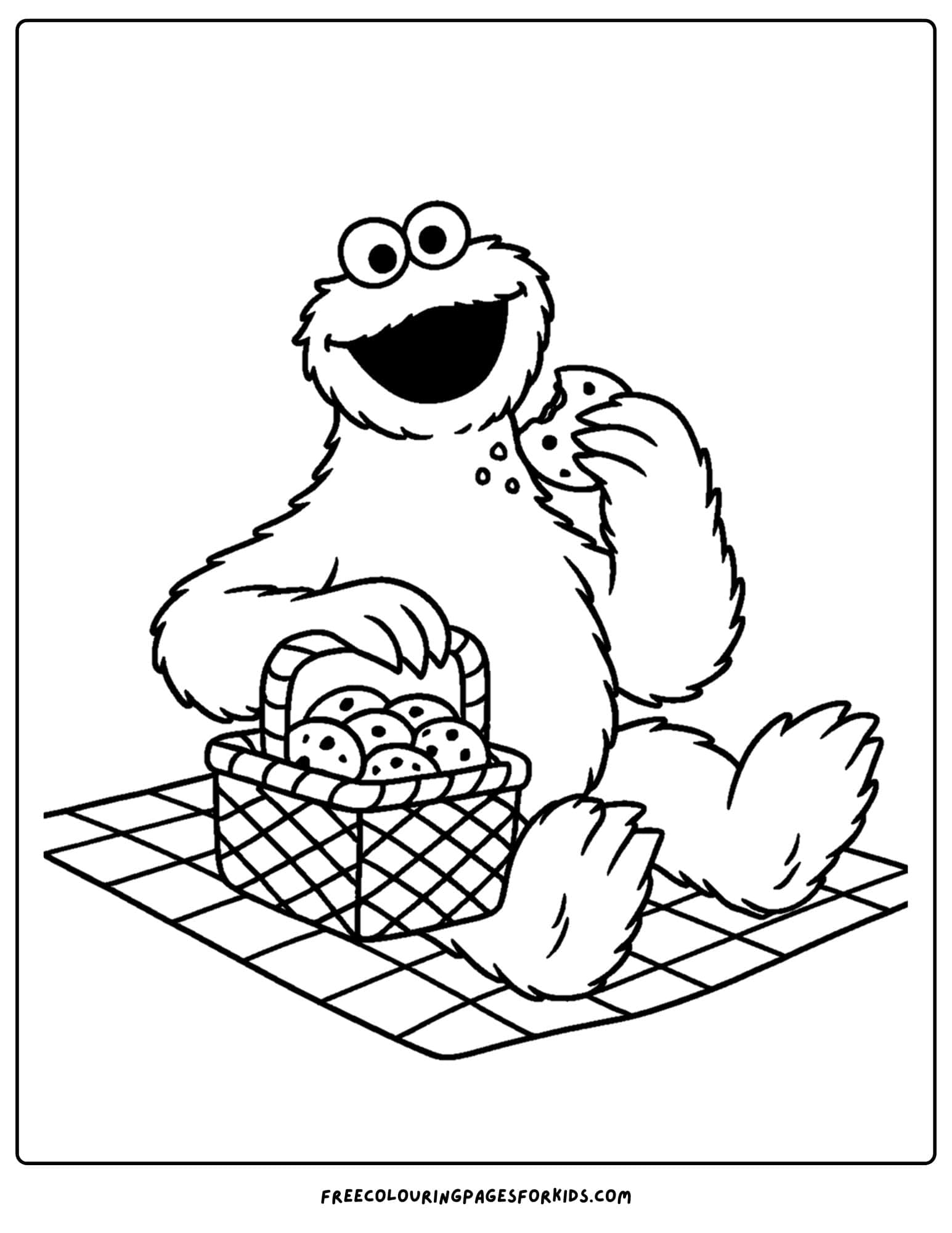 a cookie monster coloring page of cookie monster eating cookies on a picnic blanket