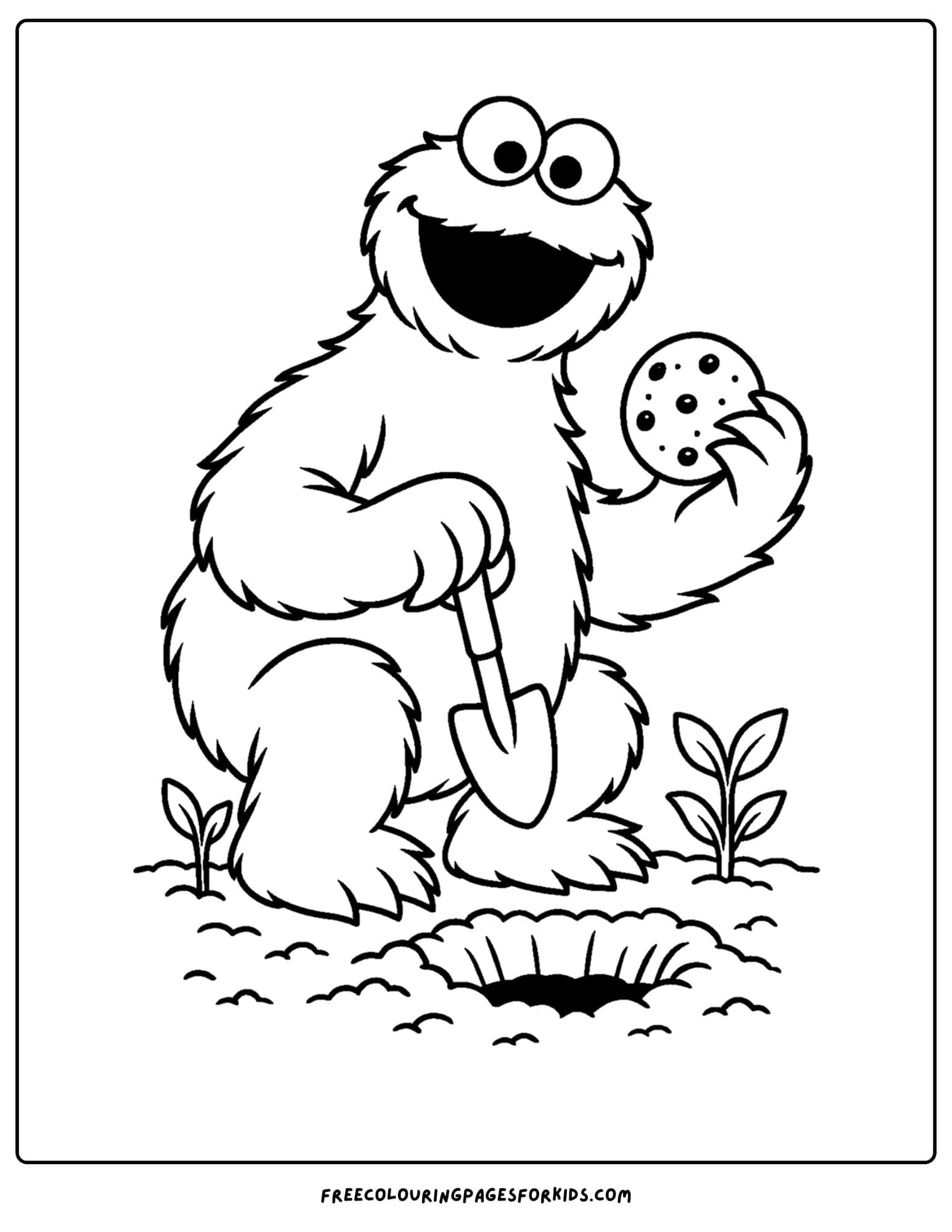 a cookie monster coloring page of cookie monster digging a hold to plant a cookie