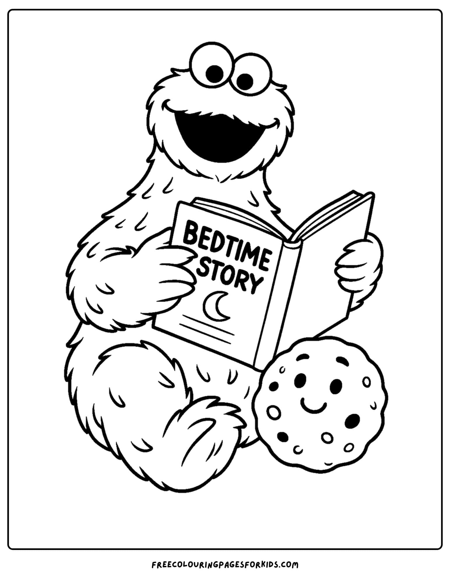 a cookie monster coloring page of cookie monster reading a bed time story