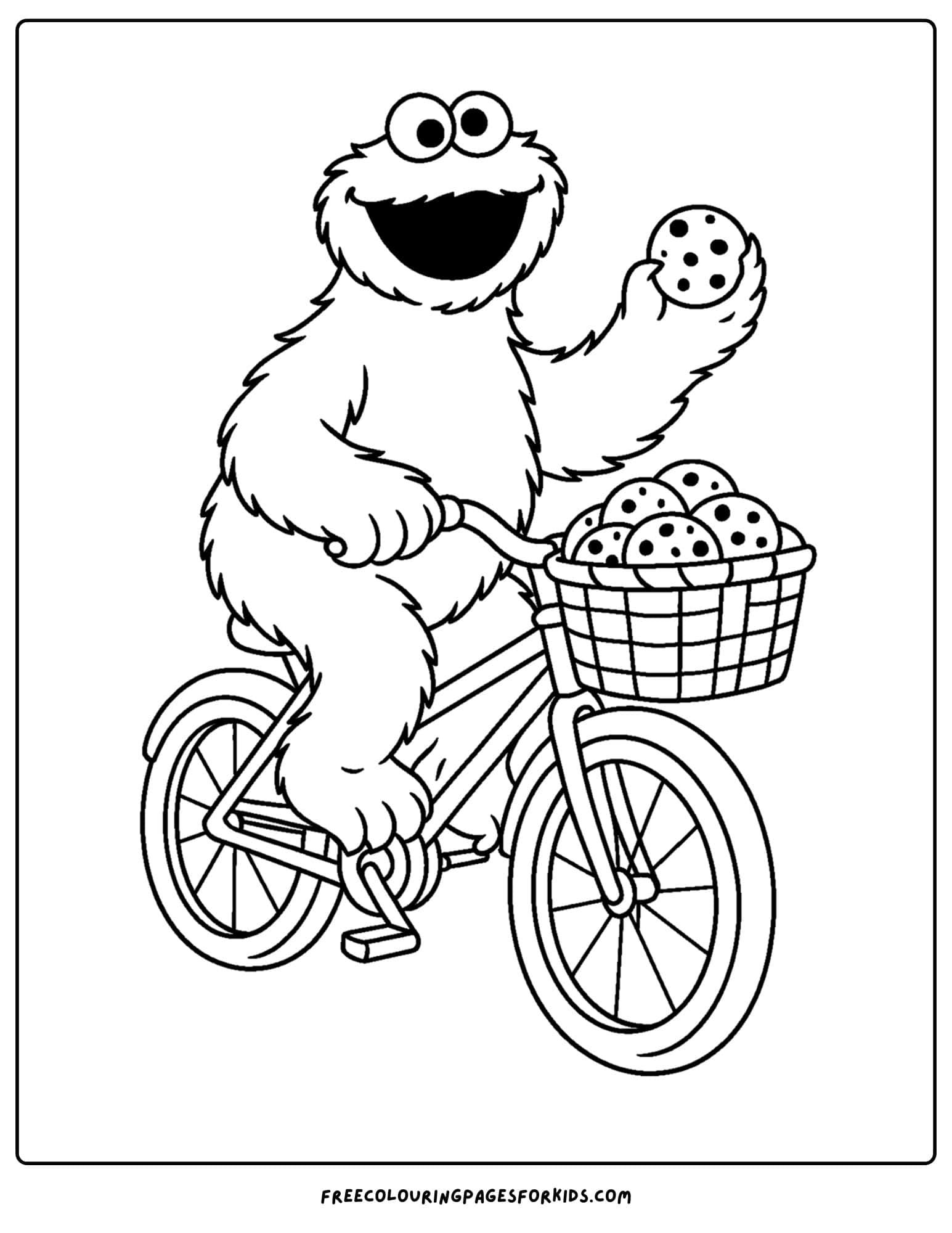 a cookie monster coloring page of cookie monster riding a bike and eating cookies