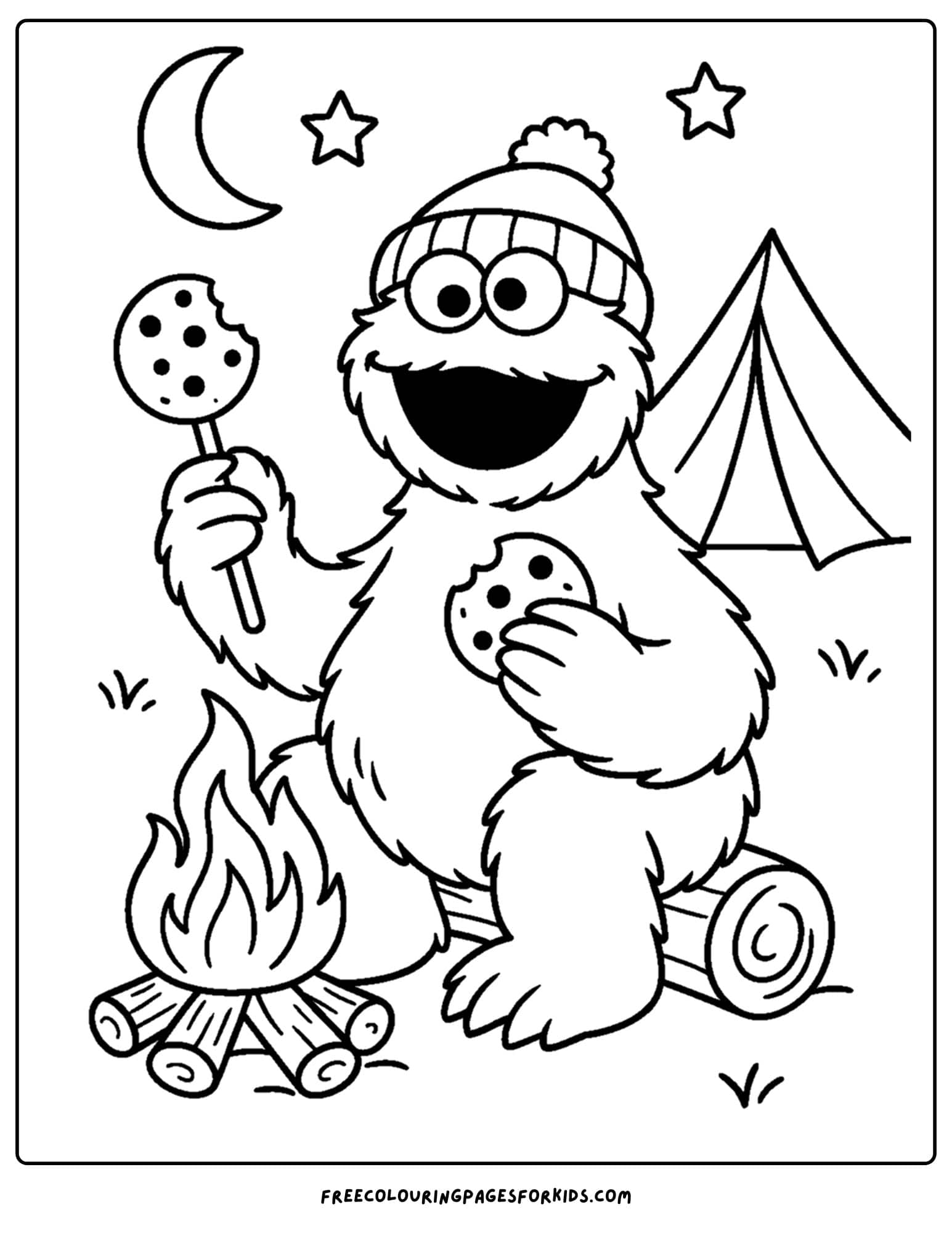 a cookie monster coloring page of cookie monster camping and roasting cookies on the fire