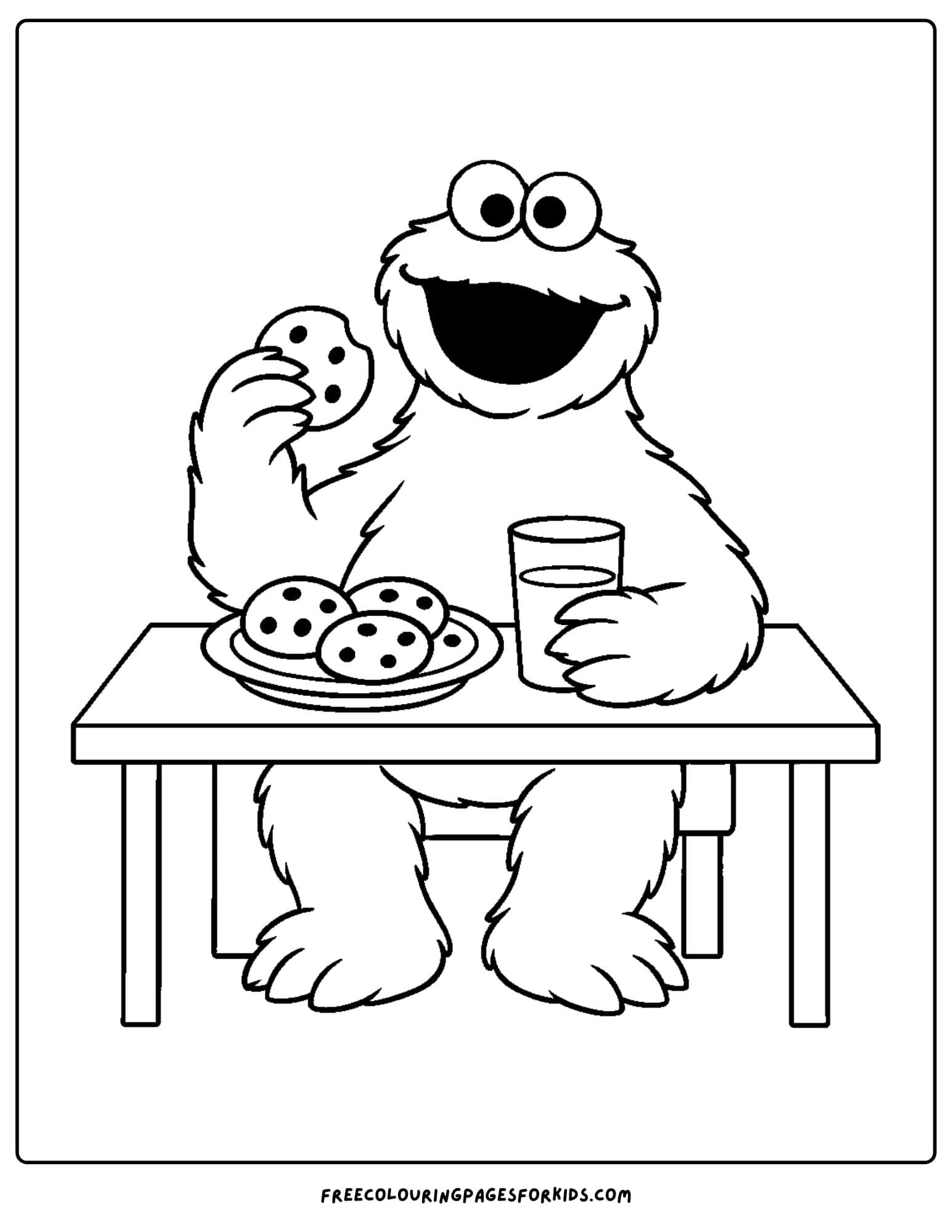 a cookie monster coloring page of cookie monster eating cookies at a table