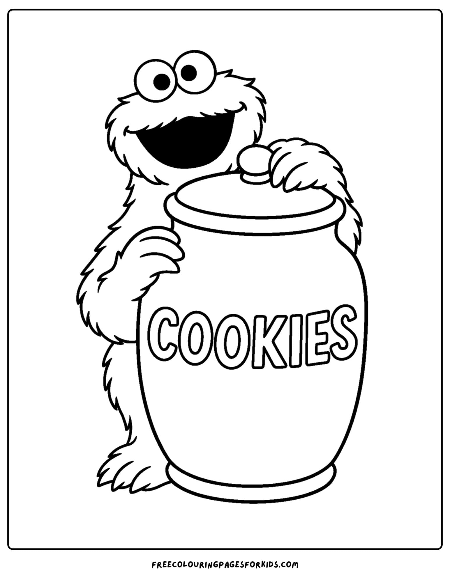 a cookie monster coloring page of cookie monster standing next to a giant cookie jar