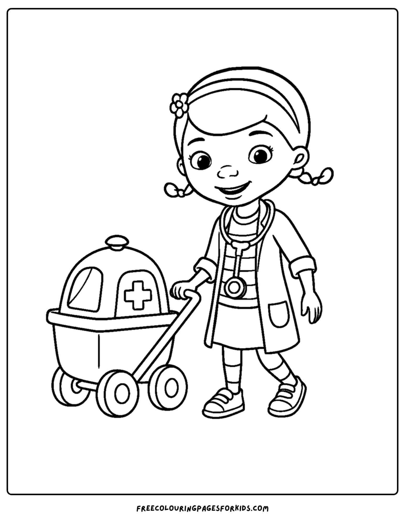 a doc mcstuffins coloring page of her pushing a medic trolley