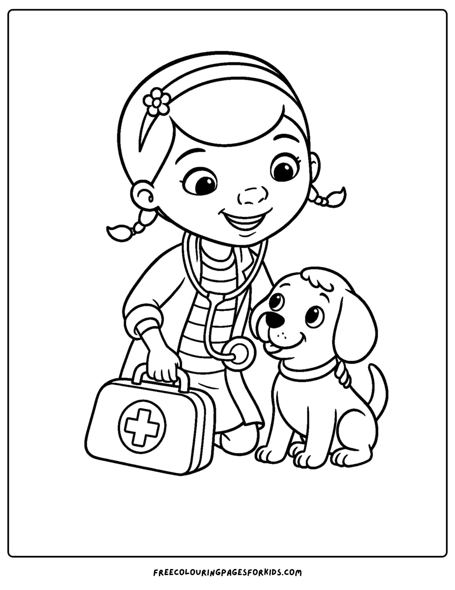 a doc mcstuffins coloring page of her and a puppy