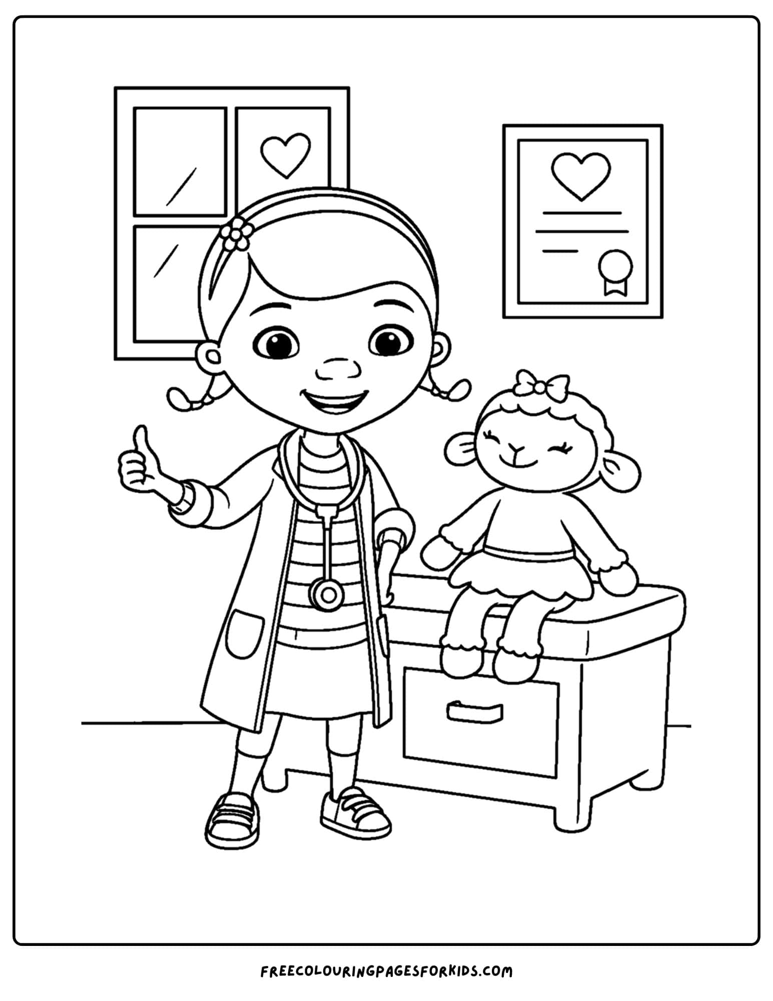 a doc mcstuffins coloring page of her with lambie in the doctors room