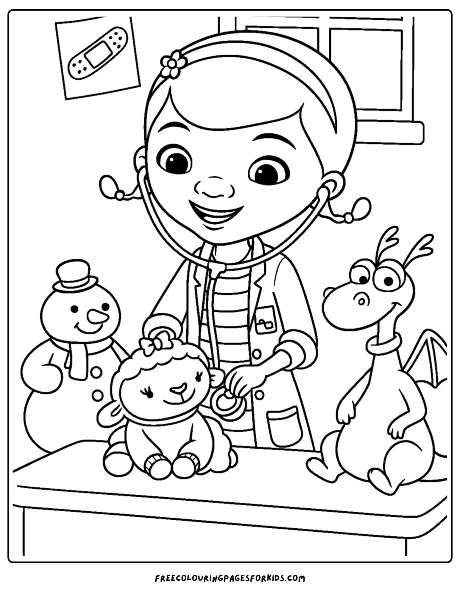 a doc mcstuffins coloring page of her with lambie, stuffy and chilly