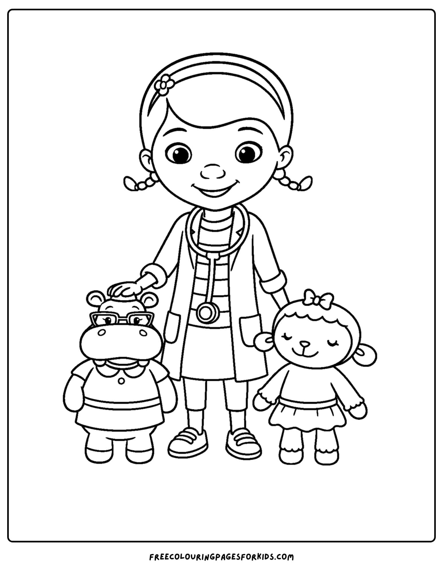 a doc mcstuffins coloring page of her standing with hallie and lambie