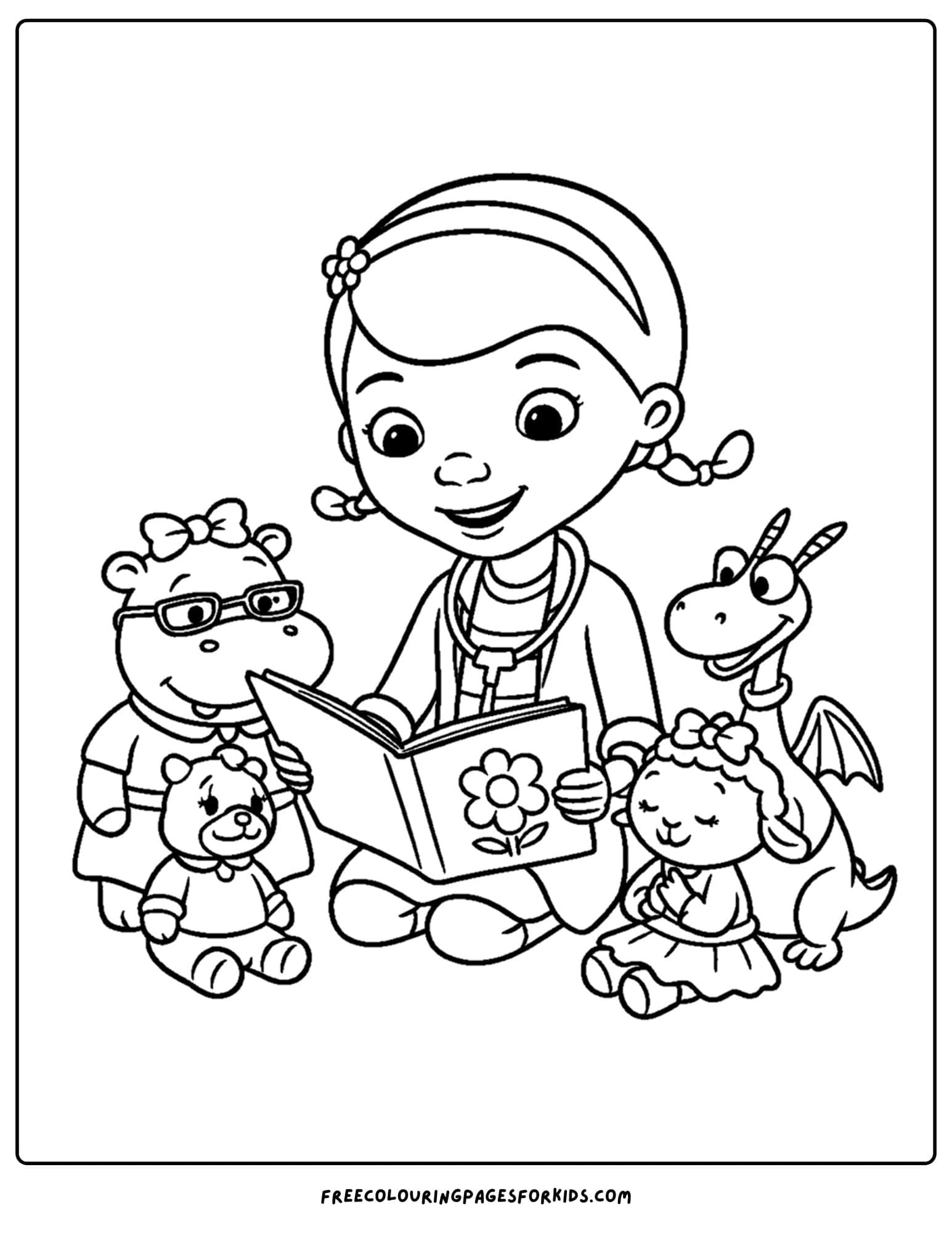 a doc mcstuffins coloring page with her reading to her friends hallie, stuffy, teddy b and lambie