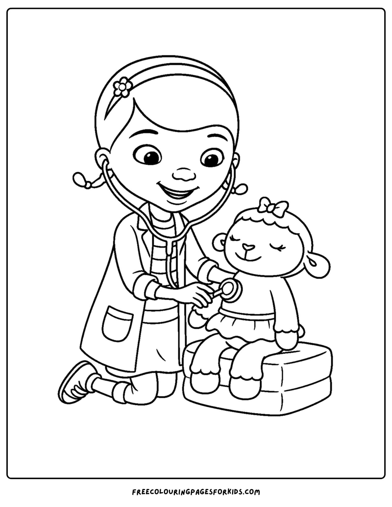 a doc mcstuffins coloring page of her treating lambie